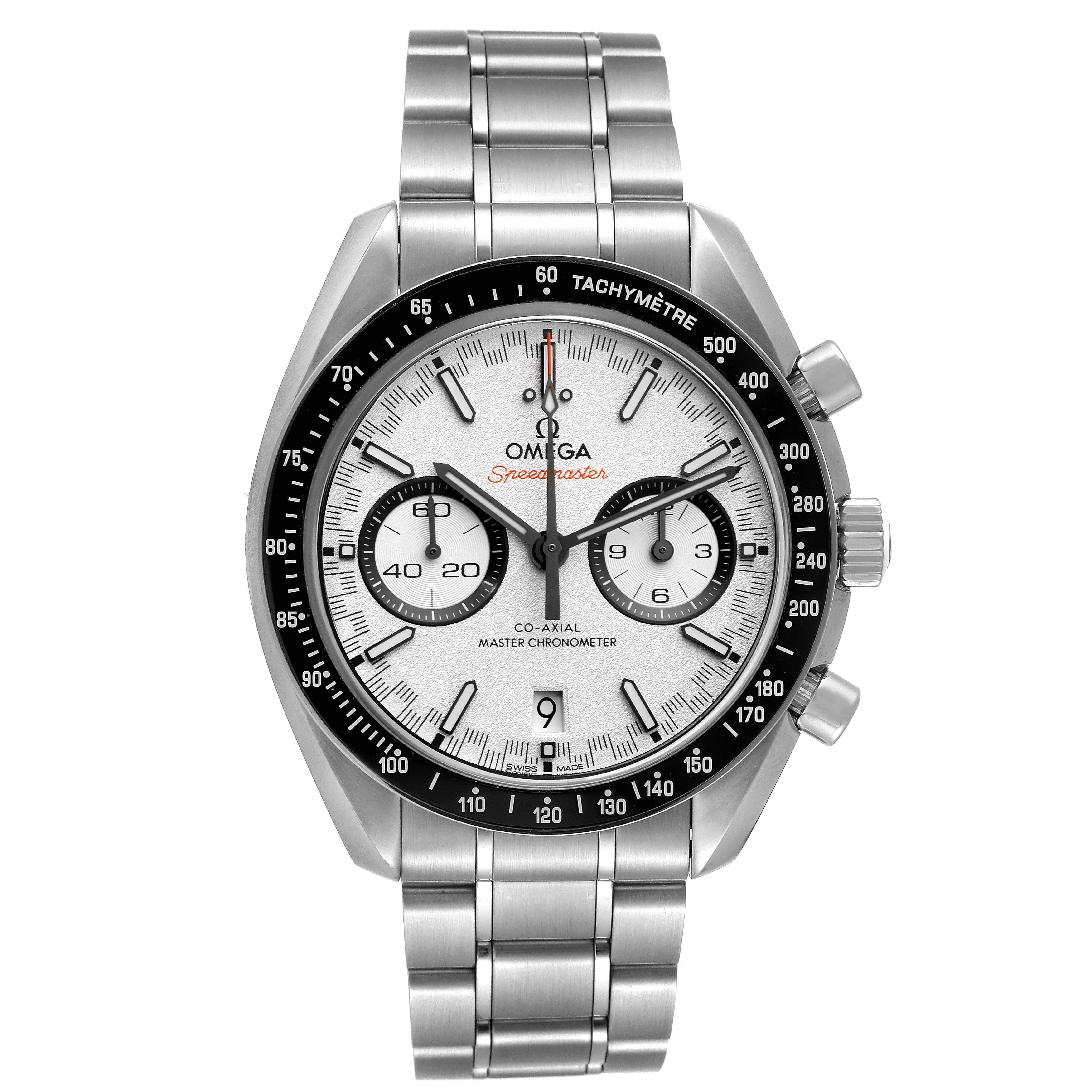 The image shows a front view of an Omega Speedmaster 329.30.44.51.04.001 Men's Stainless Steel White Dial 329.30.44.51.04.001 Men's Stainless Steel White Dial watch, showcasing its dial, bezel, and stainless steel bracelet.