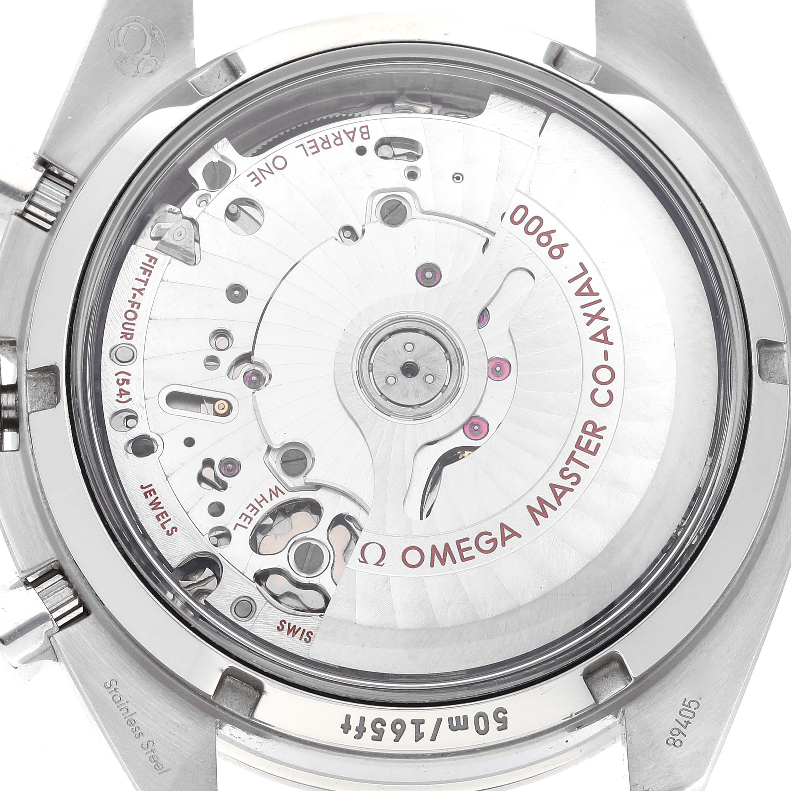 The image shows the back of an Omega Speedmaster 329.30.44.51.04.001 Men's Stainless Steel White Dial 329.30.44.51.04.001 Men's Stainless Steel White Dial watch, highlighting its exposed movement and "Master Co-Axial" inscription.