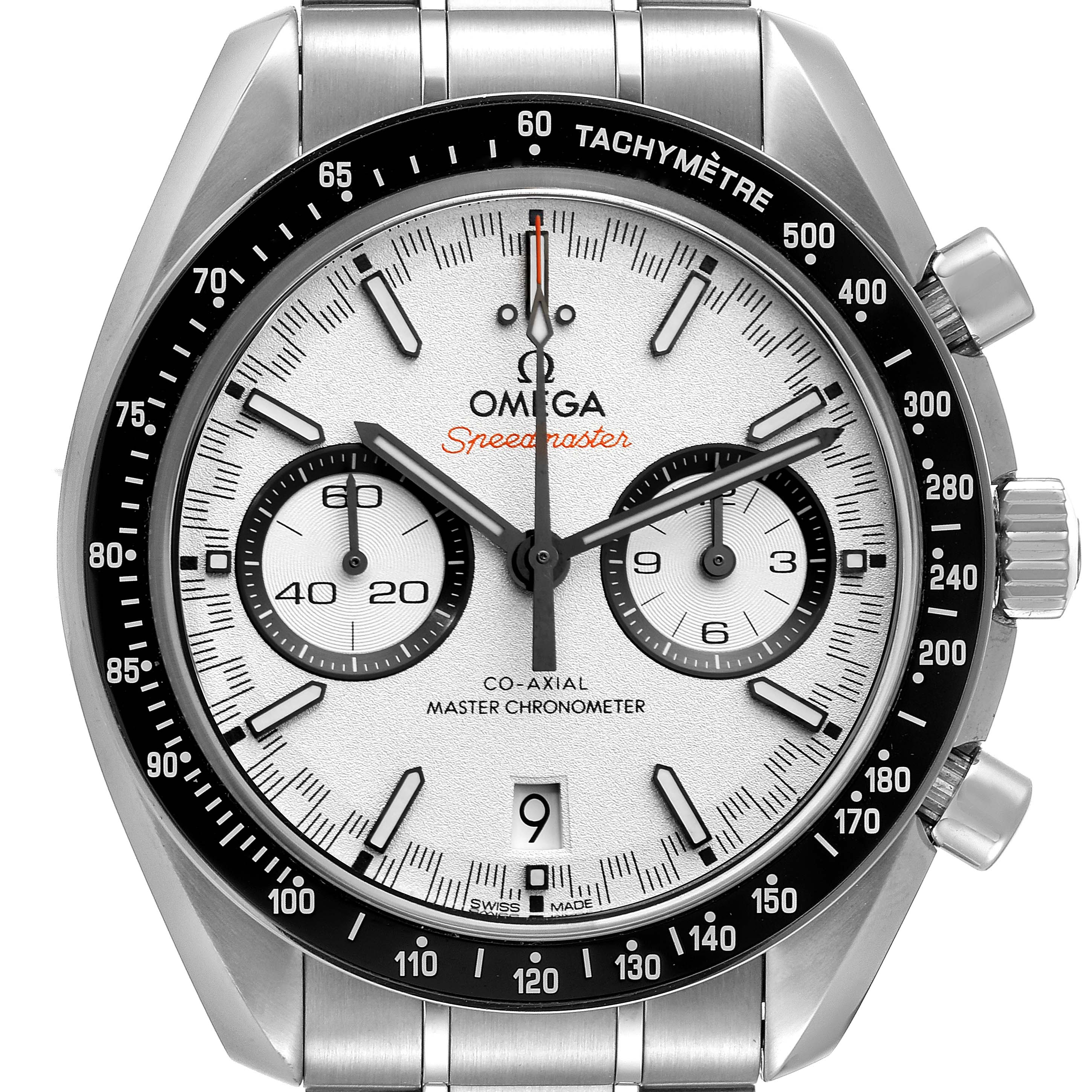 The Omega Speedmaster 329.30.44.51.04.001 Men's Stainless Steel White Dial 329.30.44.51.04.001 Men's Stainless Steel White Dial watch is shown from a front angle, displaying the face, bezel, and part of the bracelet.