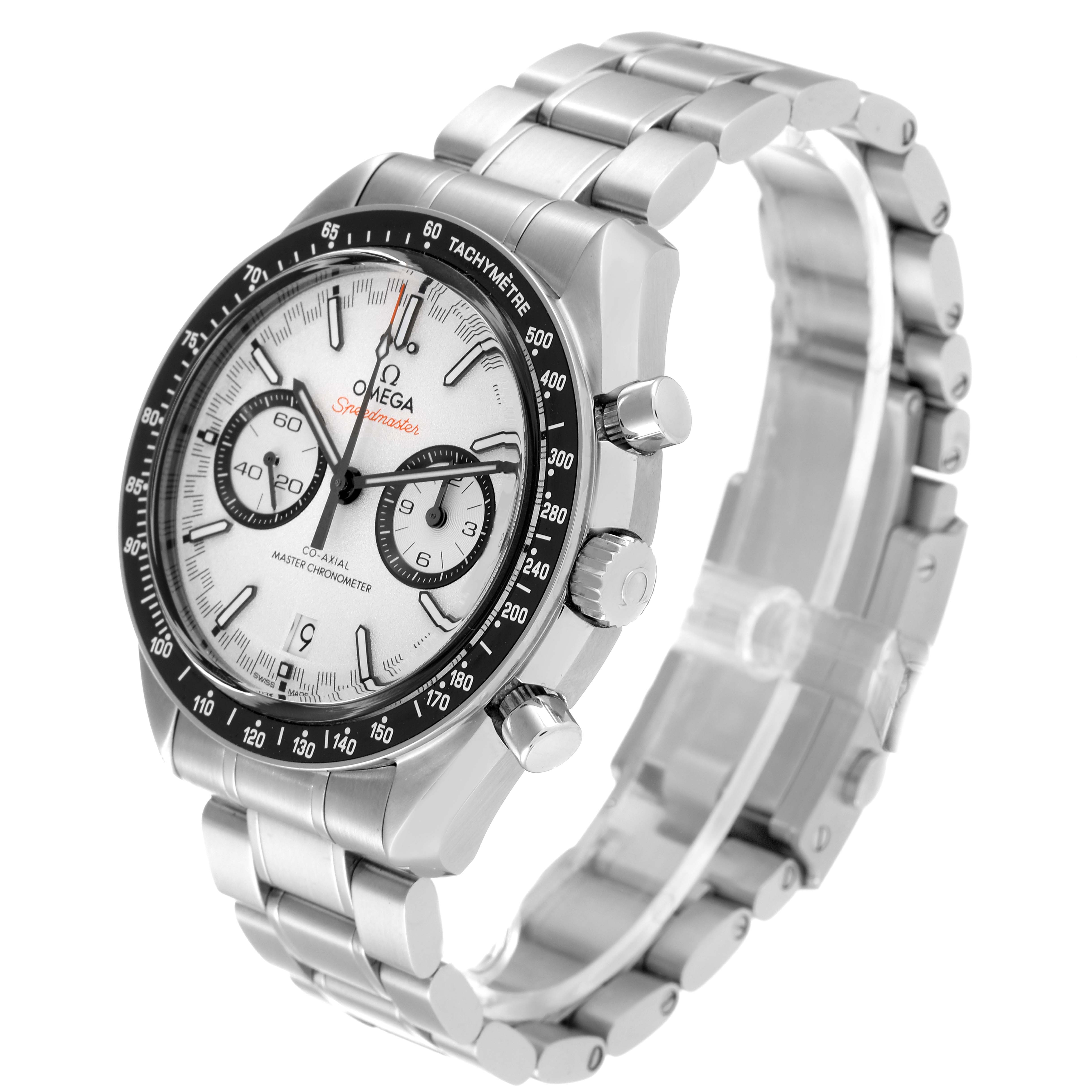 The Omega Speedmaster 329.30.44.51.04.001 Men's Stainless Steel White Dial 329.30.44.51.04.001 Men's Stainless Steel White Dial watch is shown at a three-quarter angle, displaying its face, bezel, crown, pushers, and bracelet.