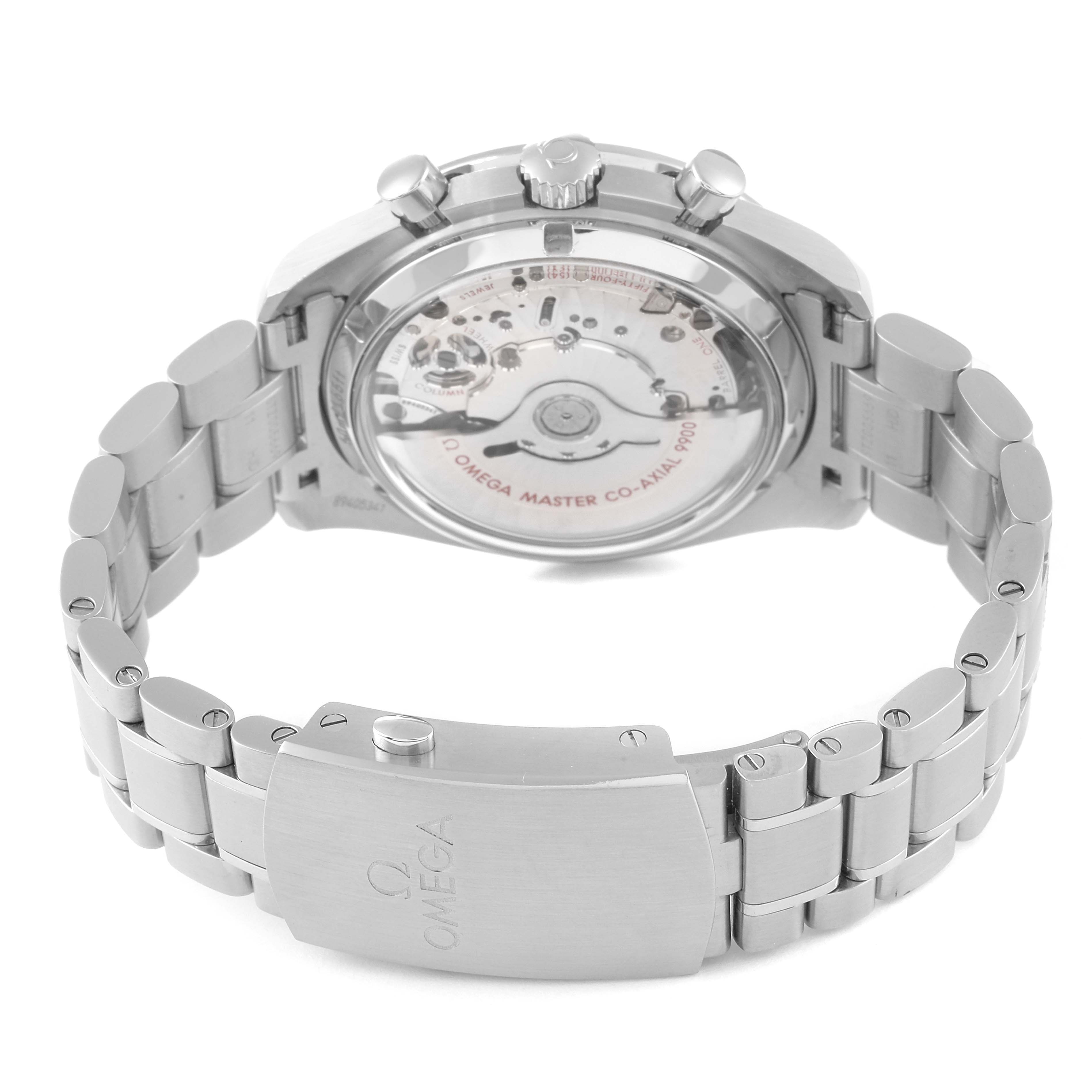 This image shows the back view of an Omega Speedmaster 329.30.44.51.04.001 Men's Stainless Steel White Dial 329.30.44.51.04.001 Men's Stainless Steel White Dial watch, focusing on the transparent case back and metal bracelet.