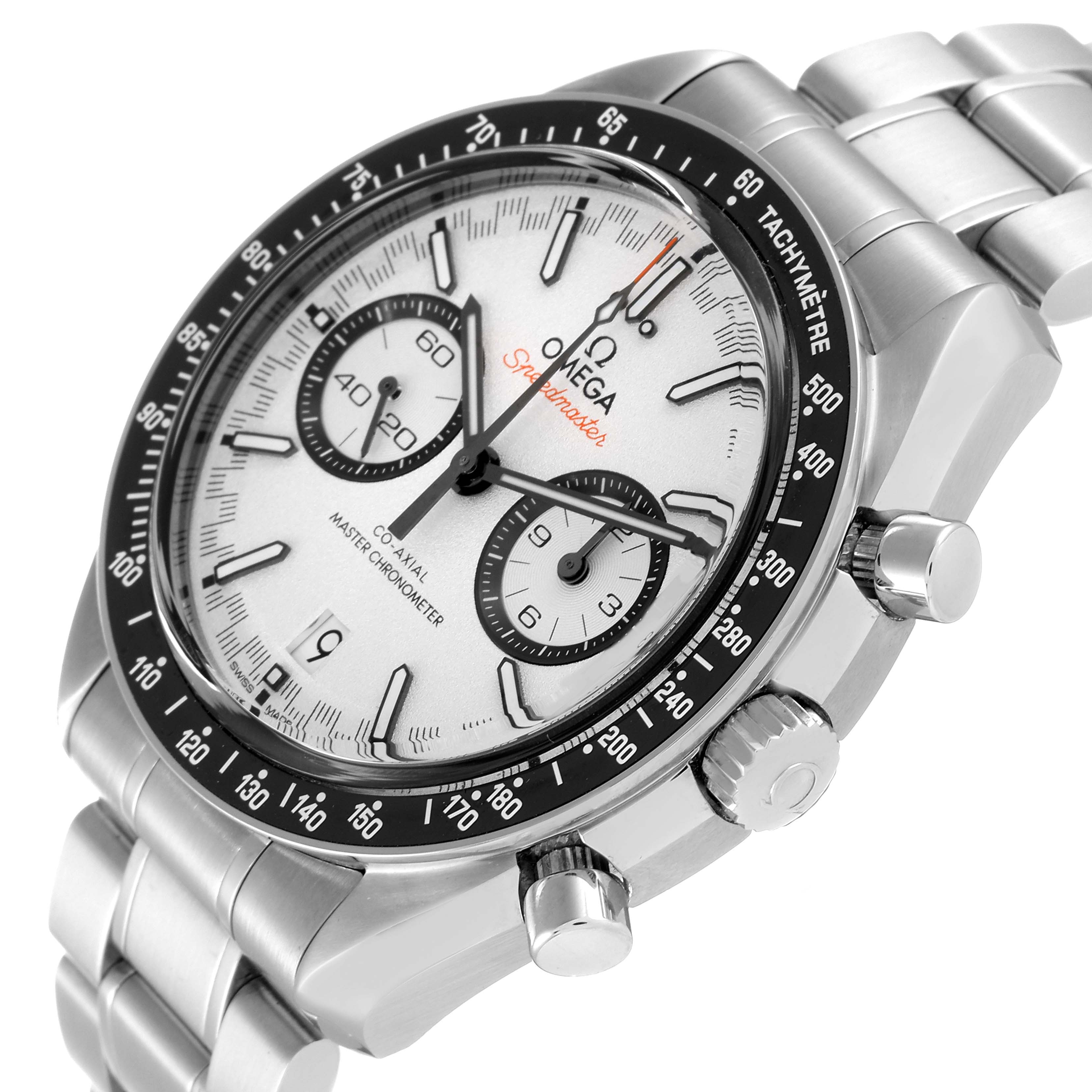The image shows a side-angle view of the Omega Speedmaster 329.30.44.51.04.001 Men's Stainless Steel White Dial 329.30.44.51.04.001 Men's Stainless Steel White Dial watch, highlighting the dial, bezel, crown, and part of the bracelet.