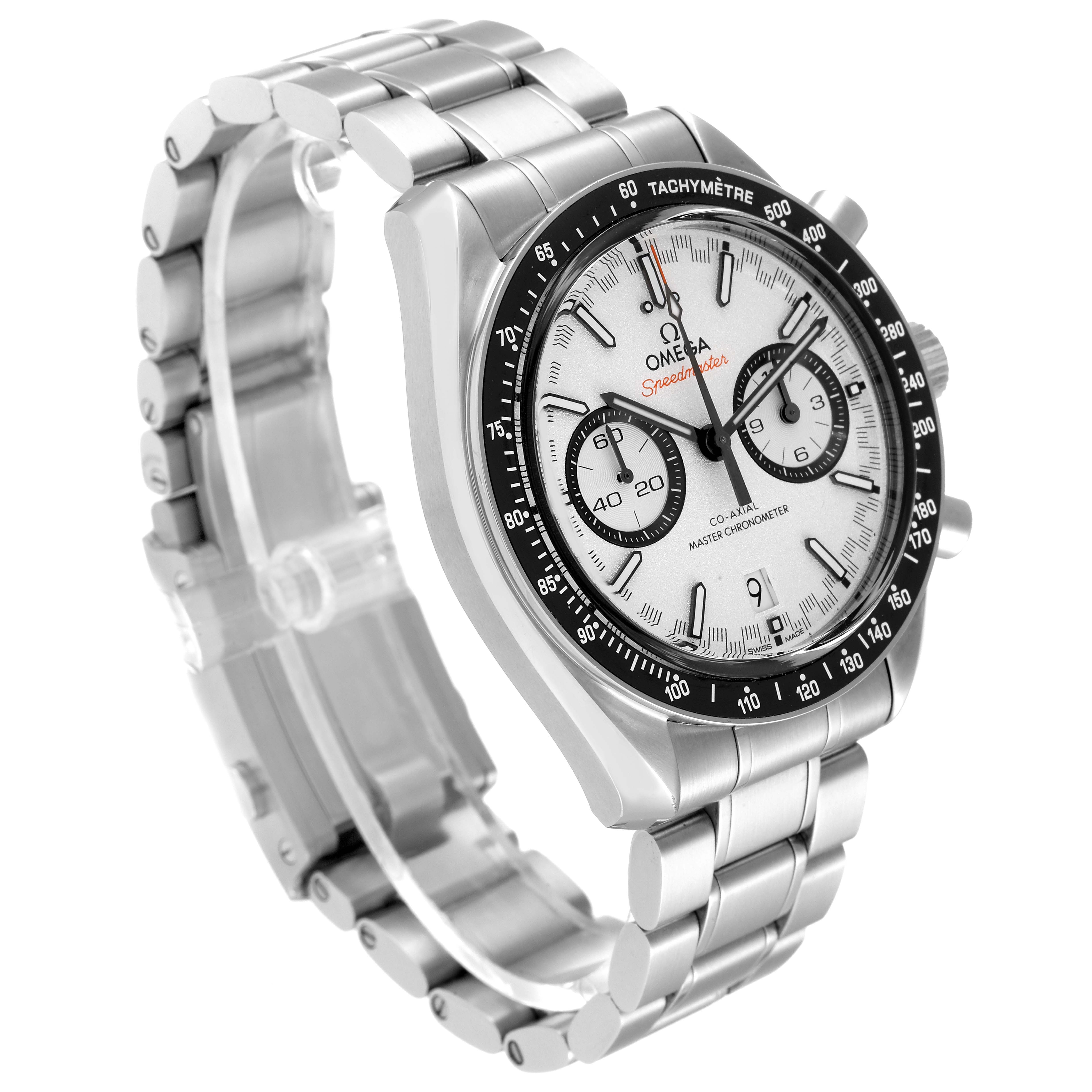 The image shows a side angle of the Omega Speedmaster 329.30.44.51.04.001 Men's Stainless Steel White Dial 329.30.44.51.04.001 Men's Stainless Steel White Dial watch, including the bracelet, bezel, and chronograph subdials.