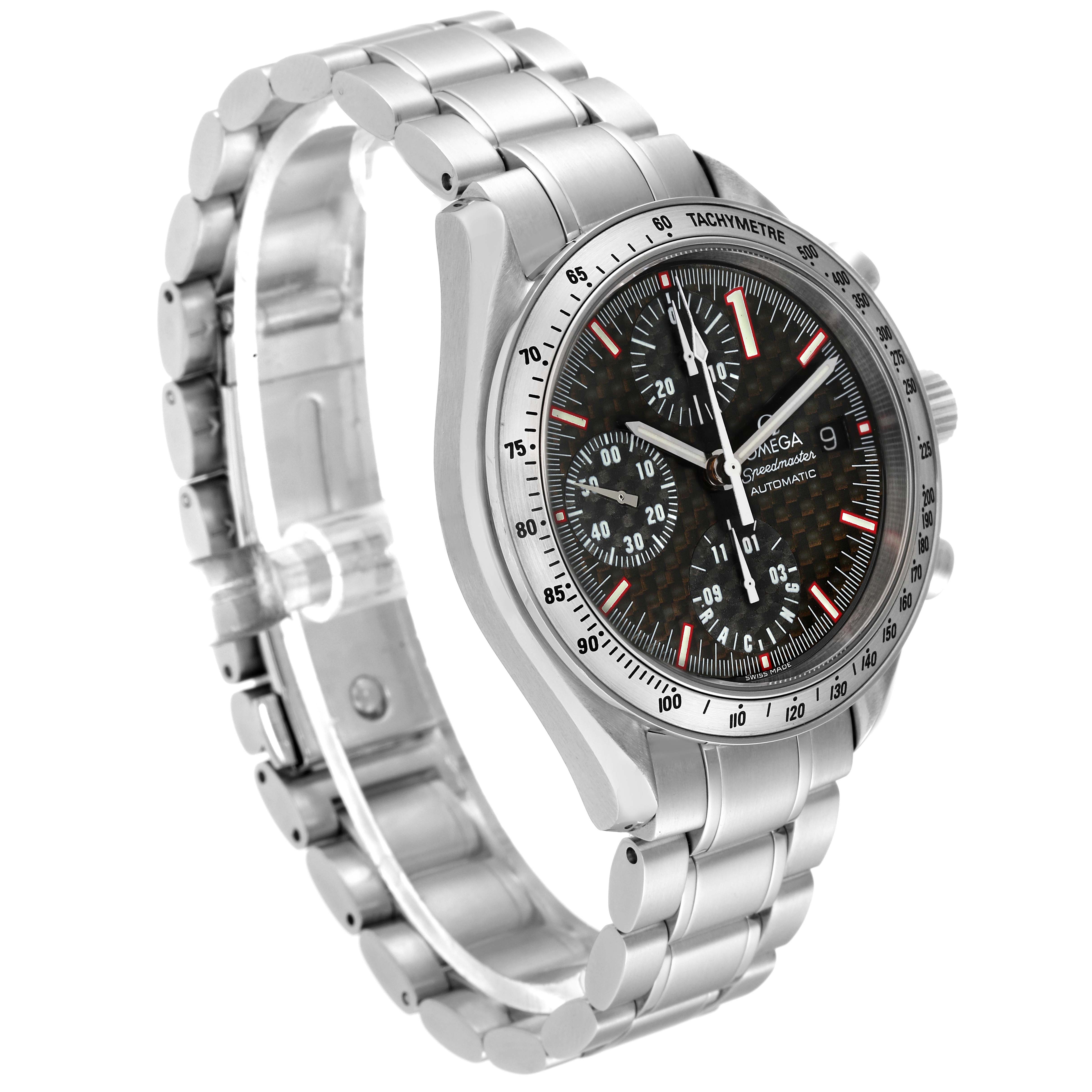 The Omega Speedmaster 3519.50.00 Men's Stainless Steel Black Dial 3519.50.00 Men's Stainless Steel Black Dial watch is shown at a three-quarter angle, highlighting the dial, bezel, and metal bracelet.