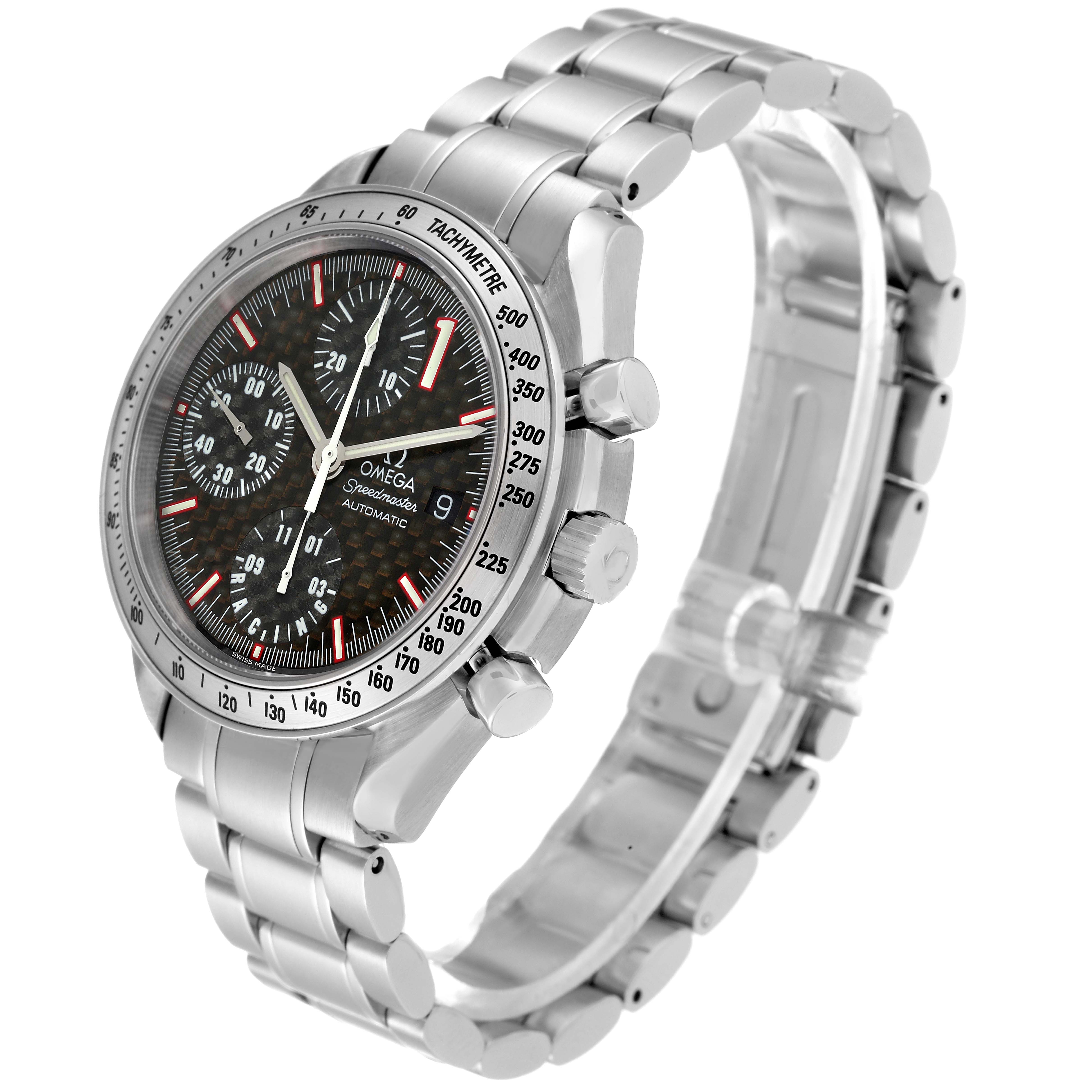 The image shows an Omega Speedmaster 3519.50.00 Men's Stainless Steel Black Dial 3519.50.00 Men's Stainless Steel Black Dial watch at an angled side view, highlighting the face, side buttons, and stainless steel bracelet.