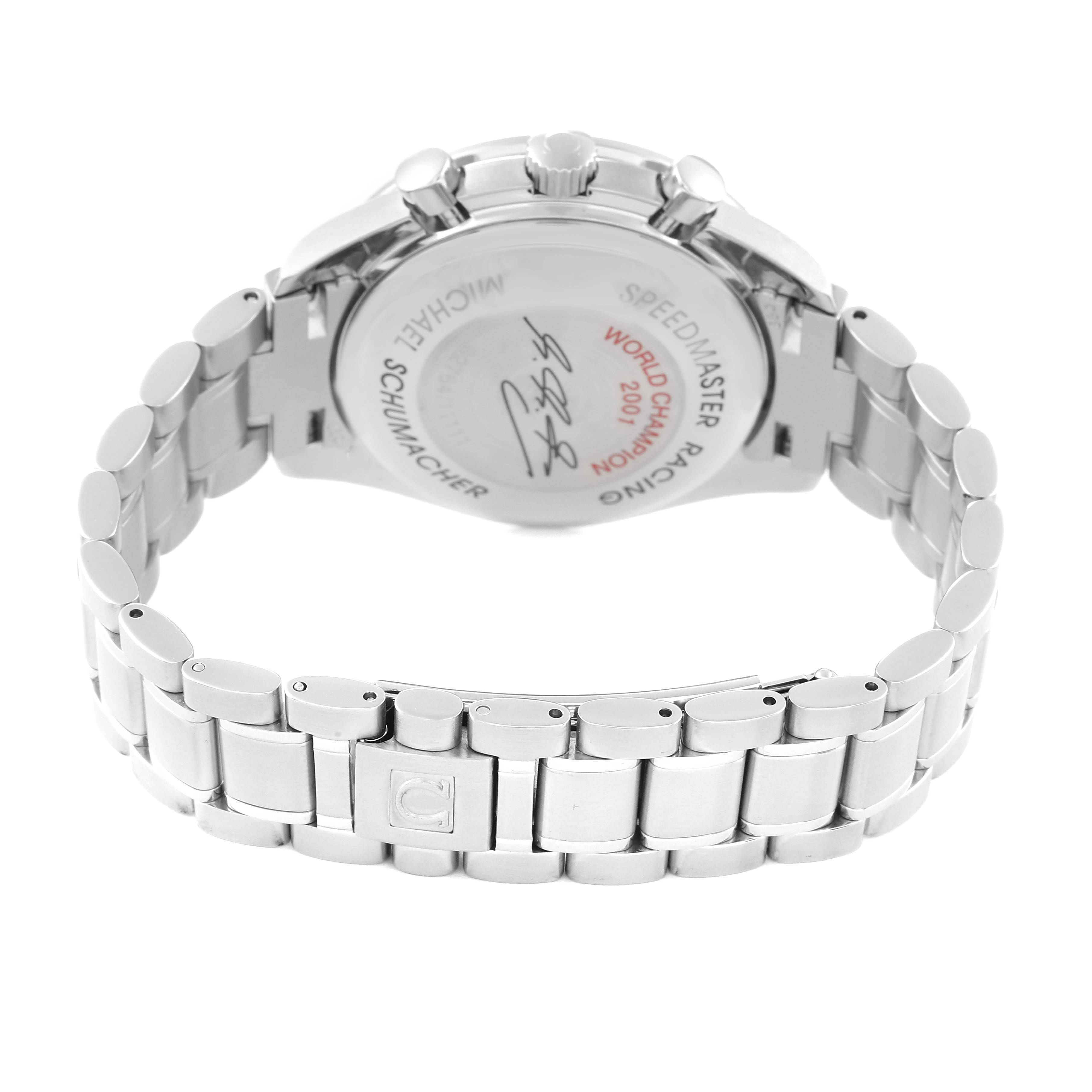 This image shows the back view of the Omega Speedmaster 3519.50.00 Men's Stainless Steel Black Dial 3519.50.00 Men's Stainless Steel Black Dial watch, displaying its bracelet, clasp, and case back details.