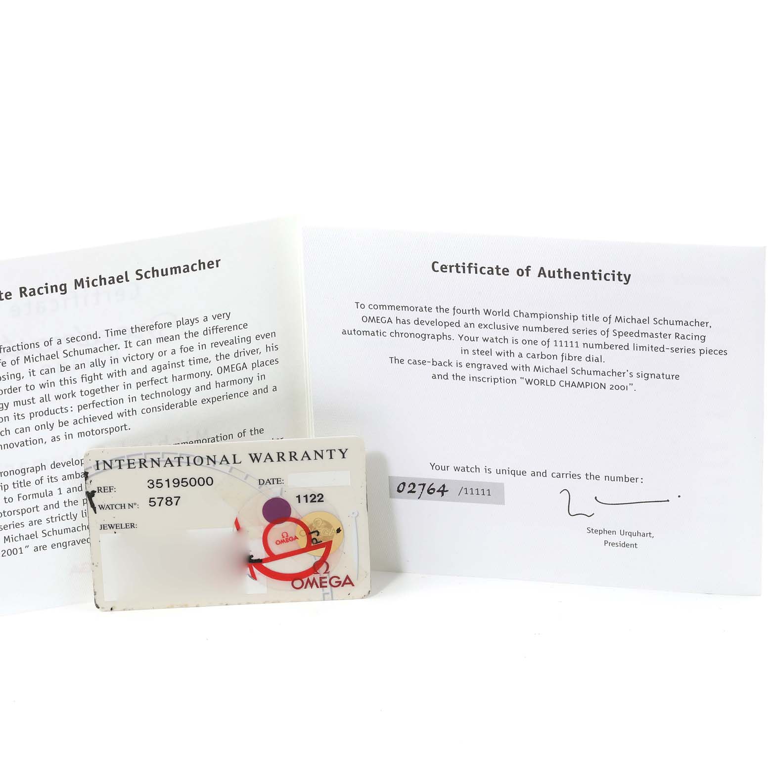 The image shows an Omega Speedmaster 3519.50.00 Men's Stainless Steel Black Dial 3519.50.00 Men's Stainless Steel Black Dial's certificate of authenticity, international warranty card, and a booklet.