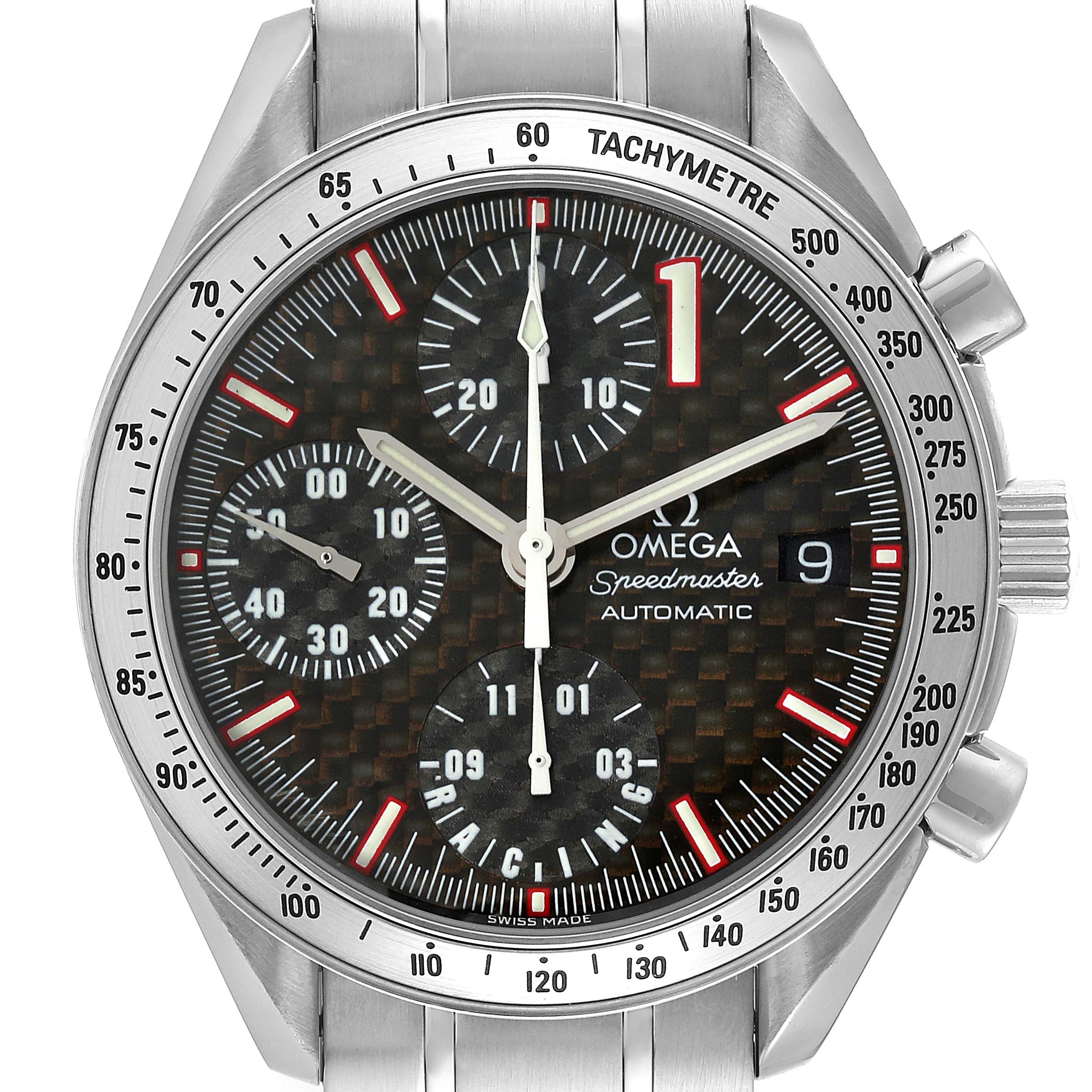 The image shows a frontal view of an Omega Speedmaster 3519.50.00 Men's Stainless Steel Black Dial 3519.50.00 Men's Stainless Steel Black Dial watch, highlighting its tachymeter bezel, sub-dials, and stainless steel bracelet.
