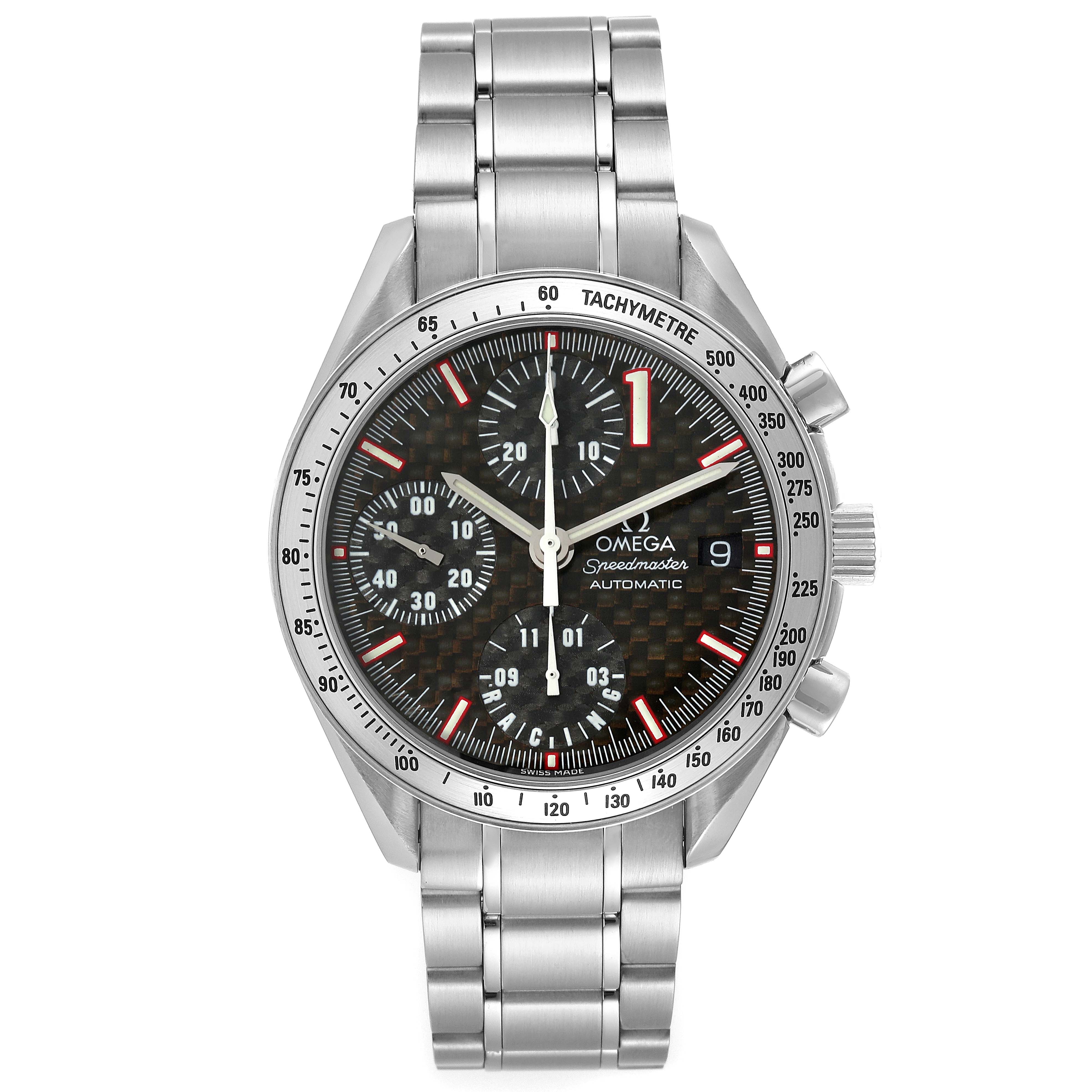 This image shows a front view of the Omega Speedmaster 3519.50.00 Men's Stainless Steel Black Dial 3519.50.00 Men's Stainless Steel Black Dial watch, highlighting its dial, chronograph sub-dials, and stainless steel bracelet.