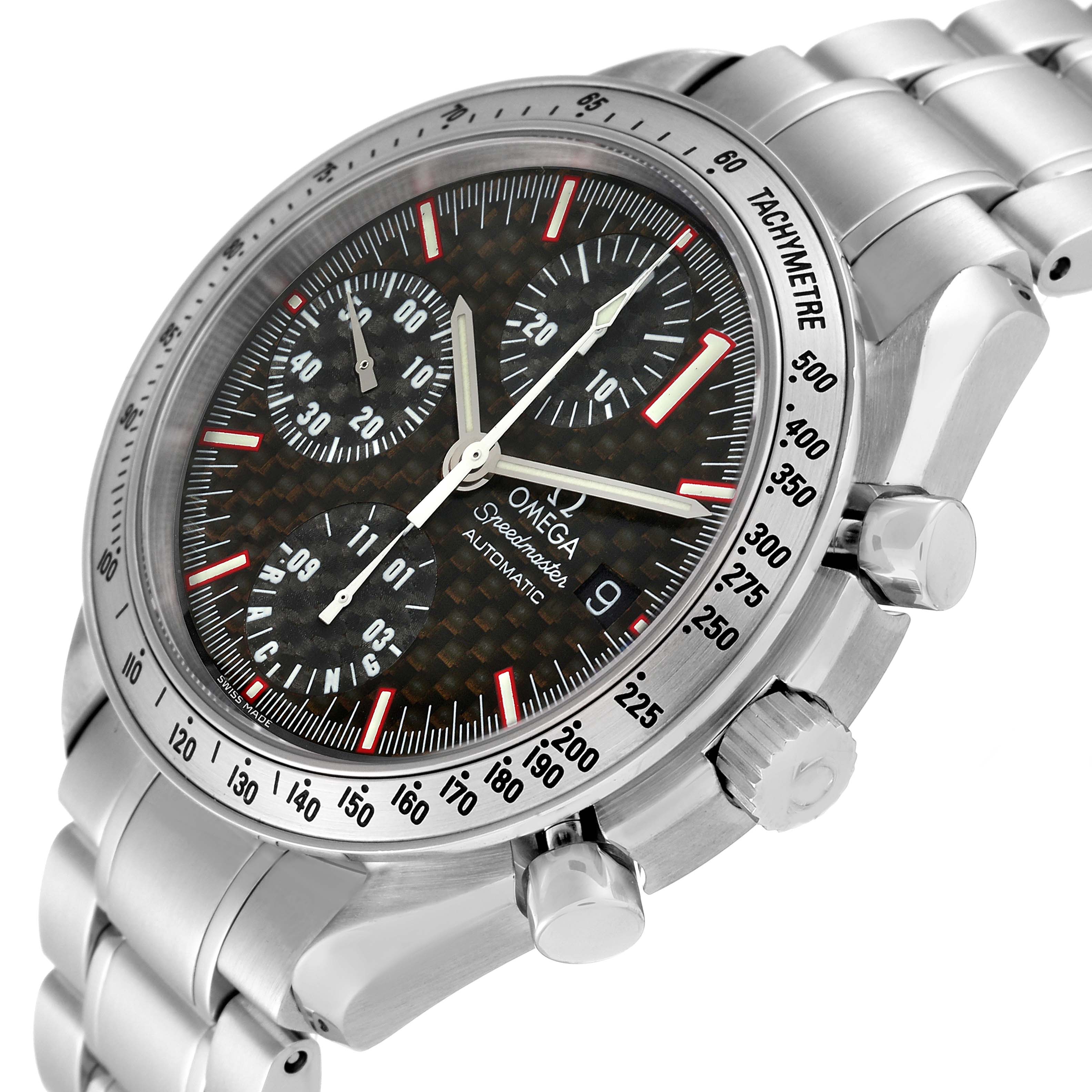 This image shows a side angle of the Omega Speedmaster 3519.50.00 Men's Stainless Steel Black Dial 3519.50.00 Men's Stainless Steel Black Dial watch, highlighting its dial, tachymeter bezel, crown, and chronograph pushers.