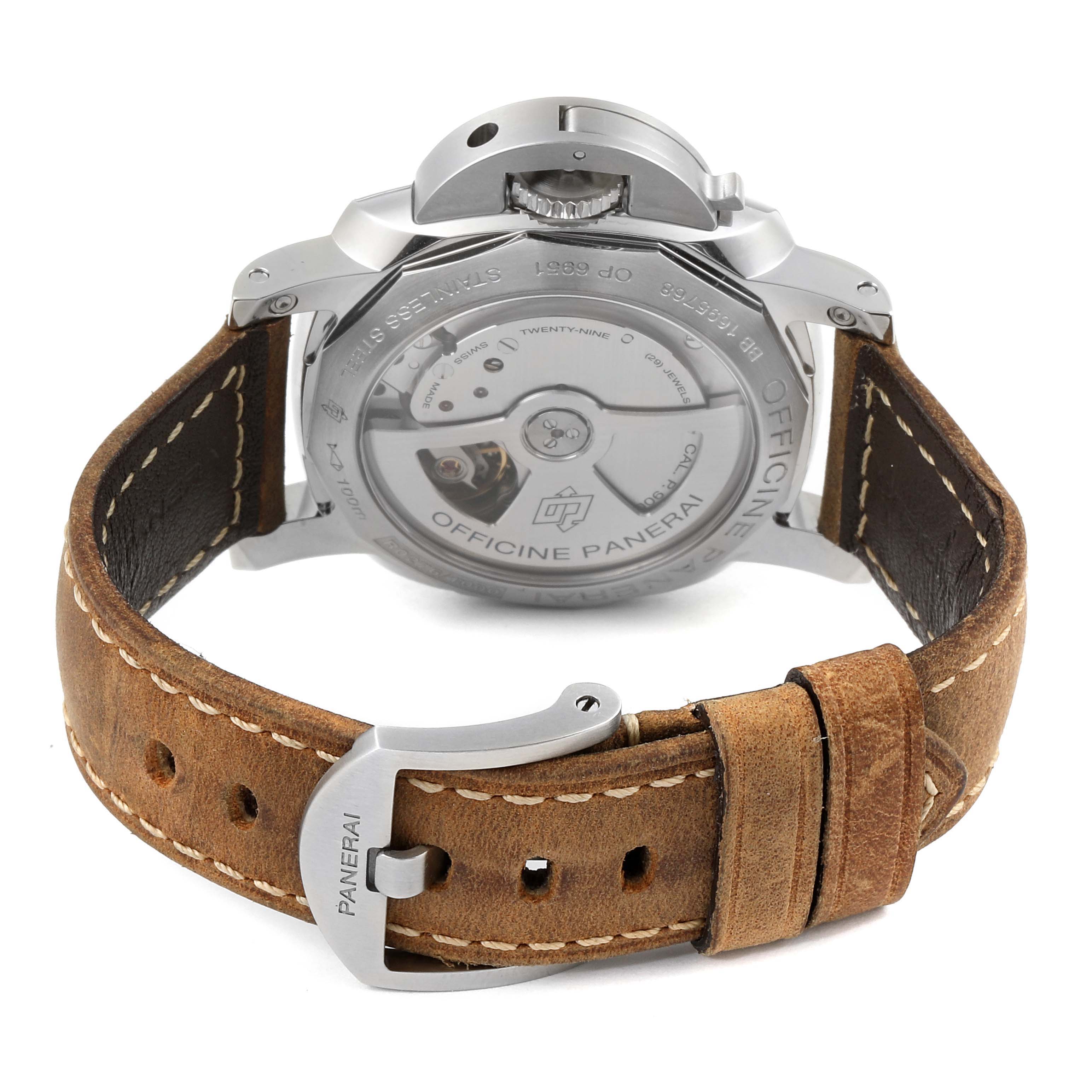 This is a rear view of the Panerai Luminor PAM00537 Men's Stainless Steel Black Dial PAM00537 Men's Stainless Steel Black Dial watch, showing the case back, crown guard, and leather strap with buckle.