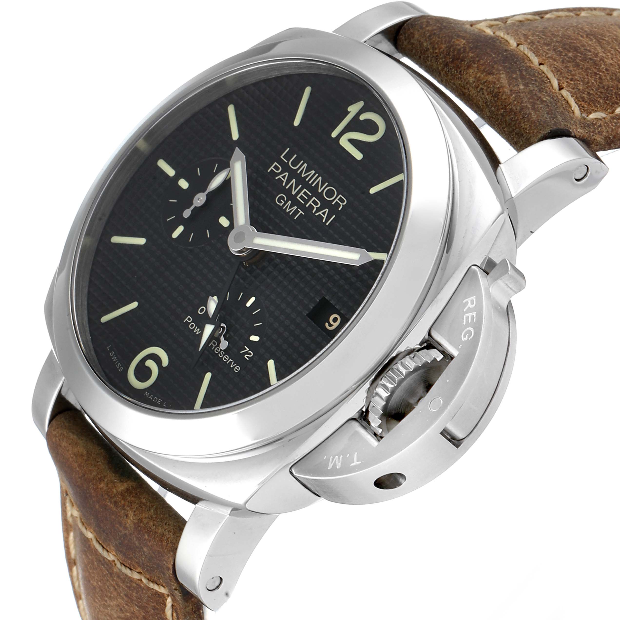 The image shows a close-up, angled view of the Panerai Luminor PAM00537 Men's Stainless Steel Black Dial PAM00537 Men's Stainless Steel Black Dial watch, highlighting the dial, crown guard, and leather strap.