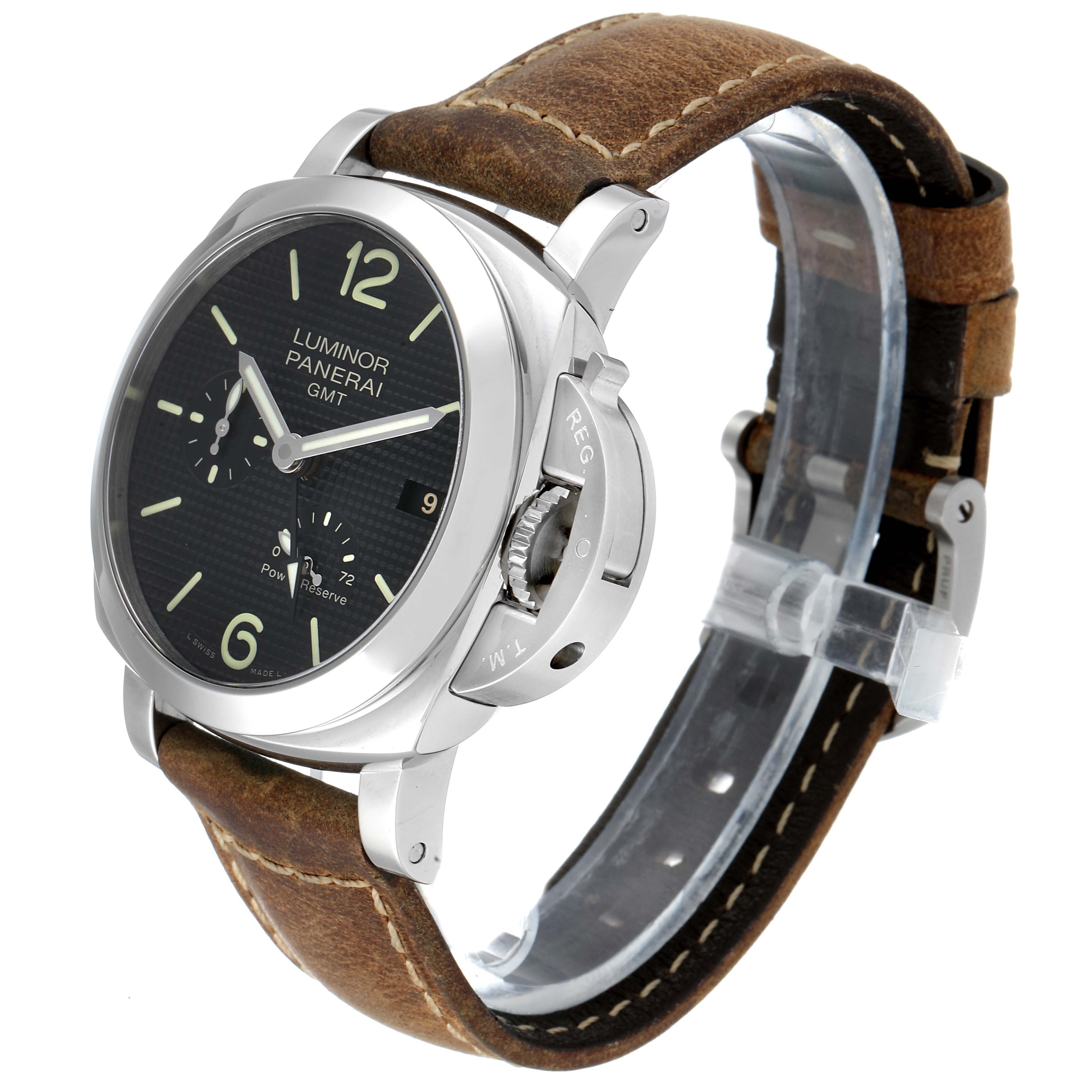 The image shows a Panerai Luminor PAM00537 Men's Stainless Steel Black Dial PAM00537 Men's Stainless Steel Black Dial GMT watch from an angle showcasing the dial, crown guard, and brown leather strap.