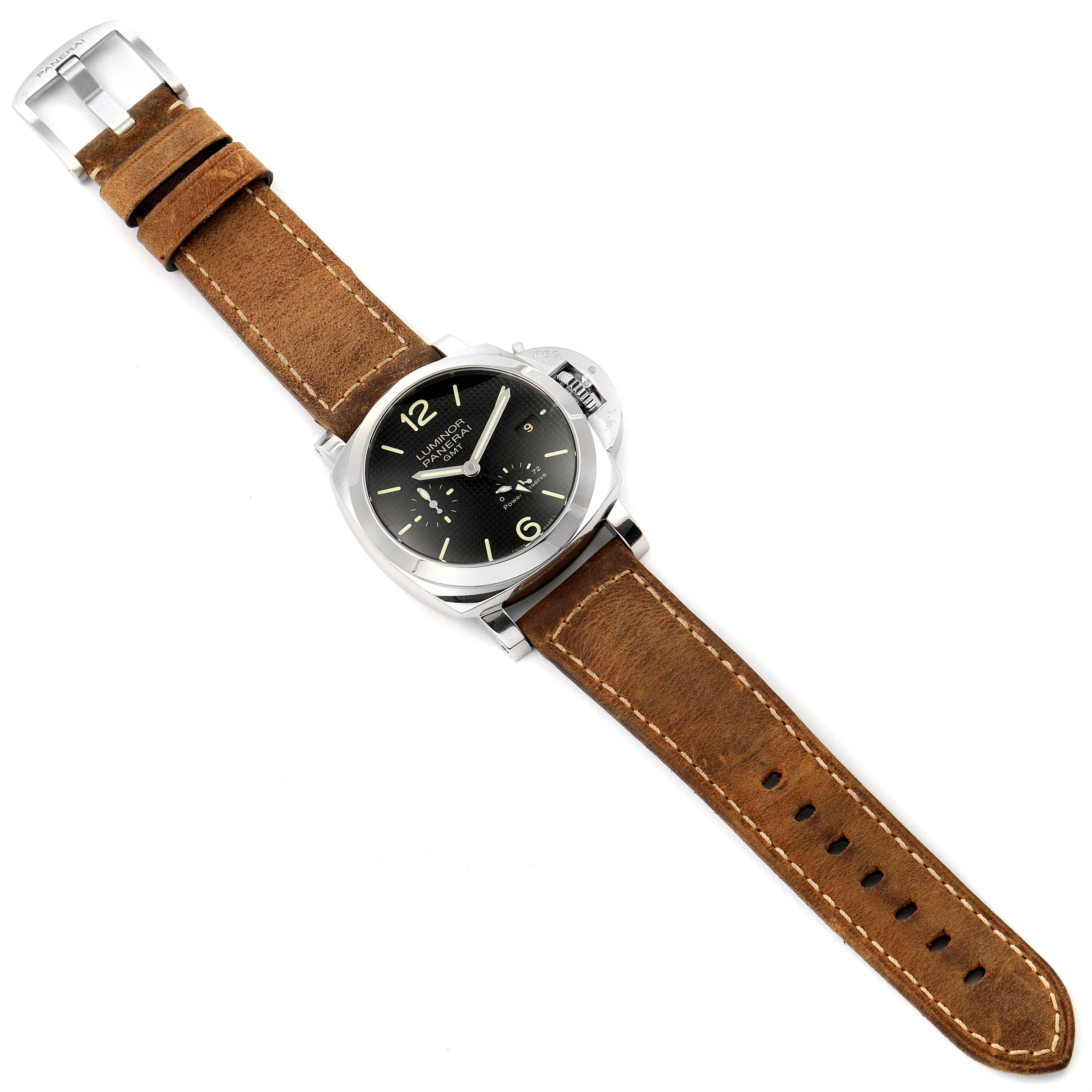 This image shows a Panerai Luminor PAM00537 Men's Stainless Steel Black Dial PAM00537 Men's Stainless Steel Black Dial watch from a top-down perspective, highlighting the face, crown guard, and leather strap.