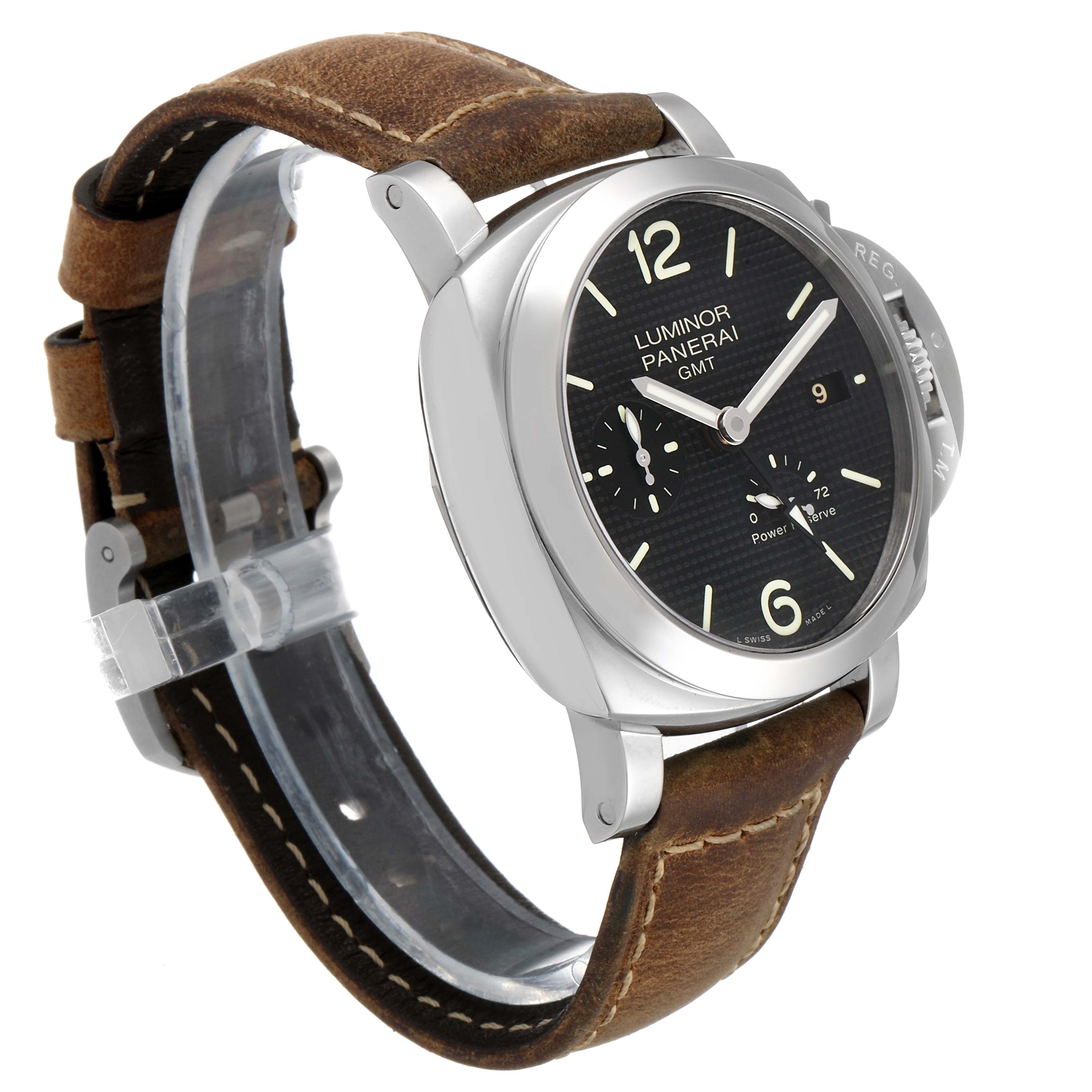 The image shows a Panerai Luminor PAM00537 Men's Stainless Steel Black Dial PAM00537 Men's Stainless Steel Black Dial model watch at a side angle, highlighting its dial, casing, and leather strap.
