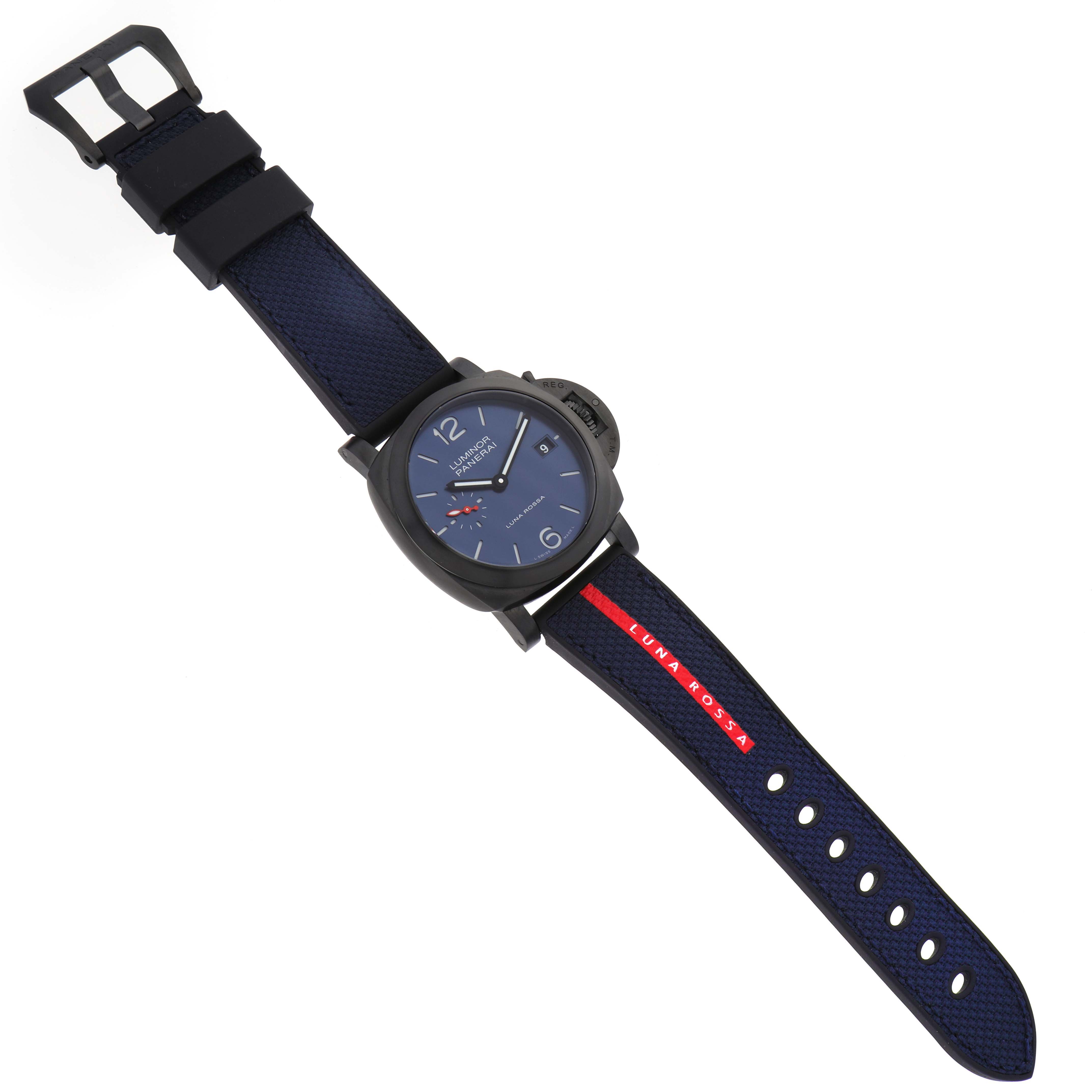 The Panerai Luminor PAM01408 Men
s Stainless Steel Blue Dial PAM01408 Men
s Stainless Steel Blue Dial watch is shown from an angled top view, highlighting the face, case, and full strap with buckle.