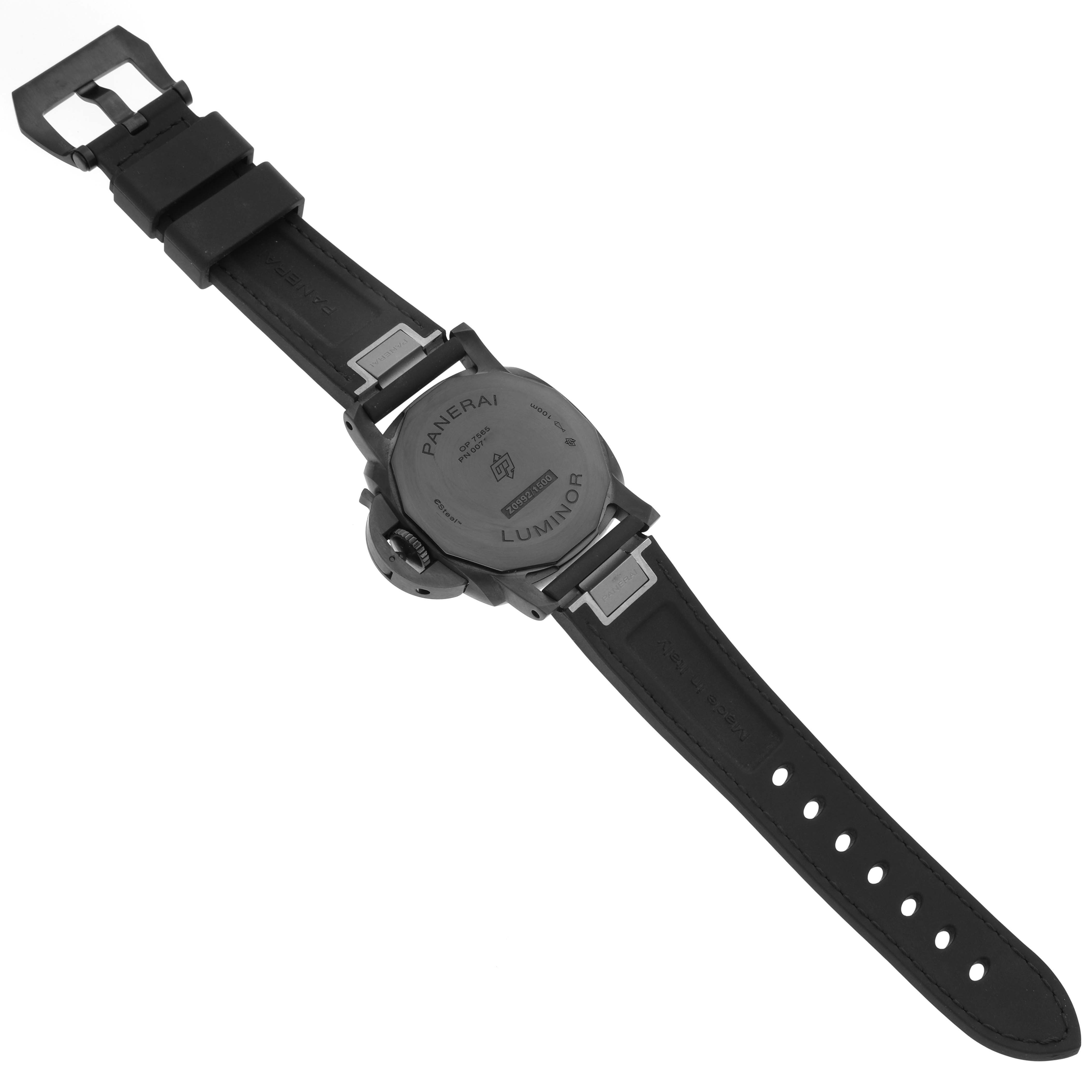 The image shows the back case and strap of a Panerai Luminor PAM01408 Men
s Stainless Steel Blue Dial PAM01408 Men
s Stainless Steel Blue Dial watch from a top-down angle.