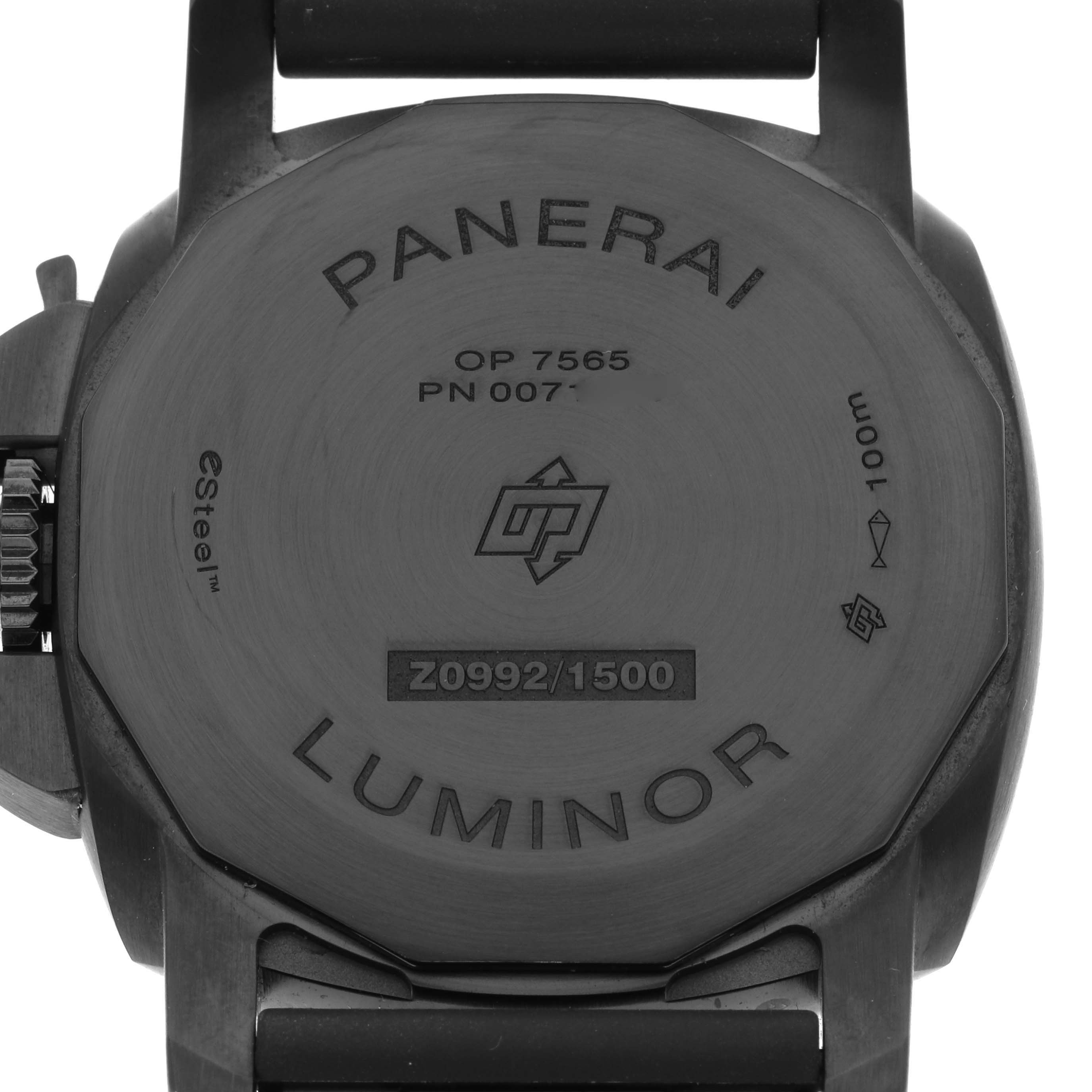 The image shows the back of a Panerai Luminor PAM01408 Men
s Stainless Steel Blue Dial PAM01408 Men
s Stainless Steel Blue Dial model, featuring engravings and the crown protector.