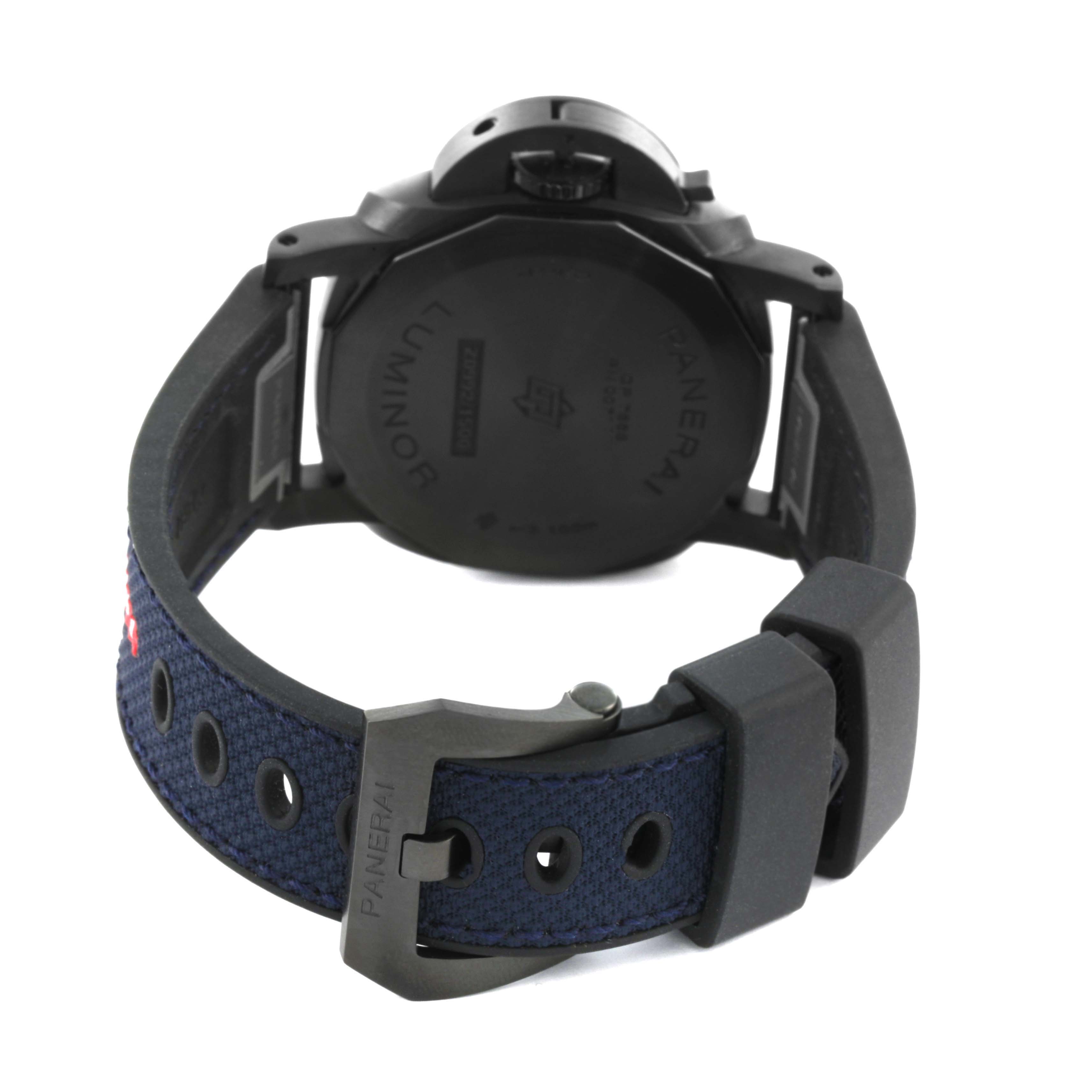 The image shows the back view of a Panerai Luminor PAM01408 Men
s Stainless Steel Blue Dial PAM01408 Men
s Stainless Steel Blue Dial, highlighting the case back and strap with buckle.