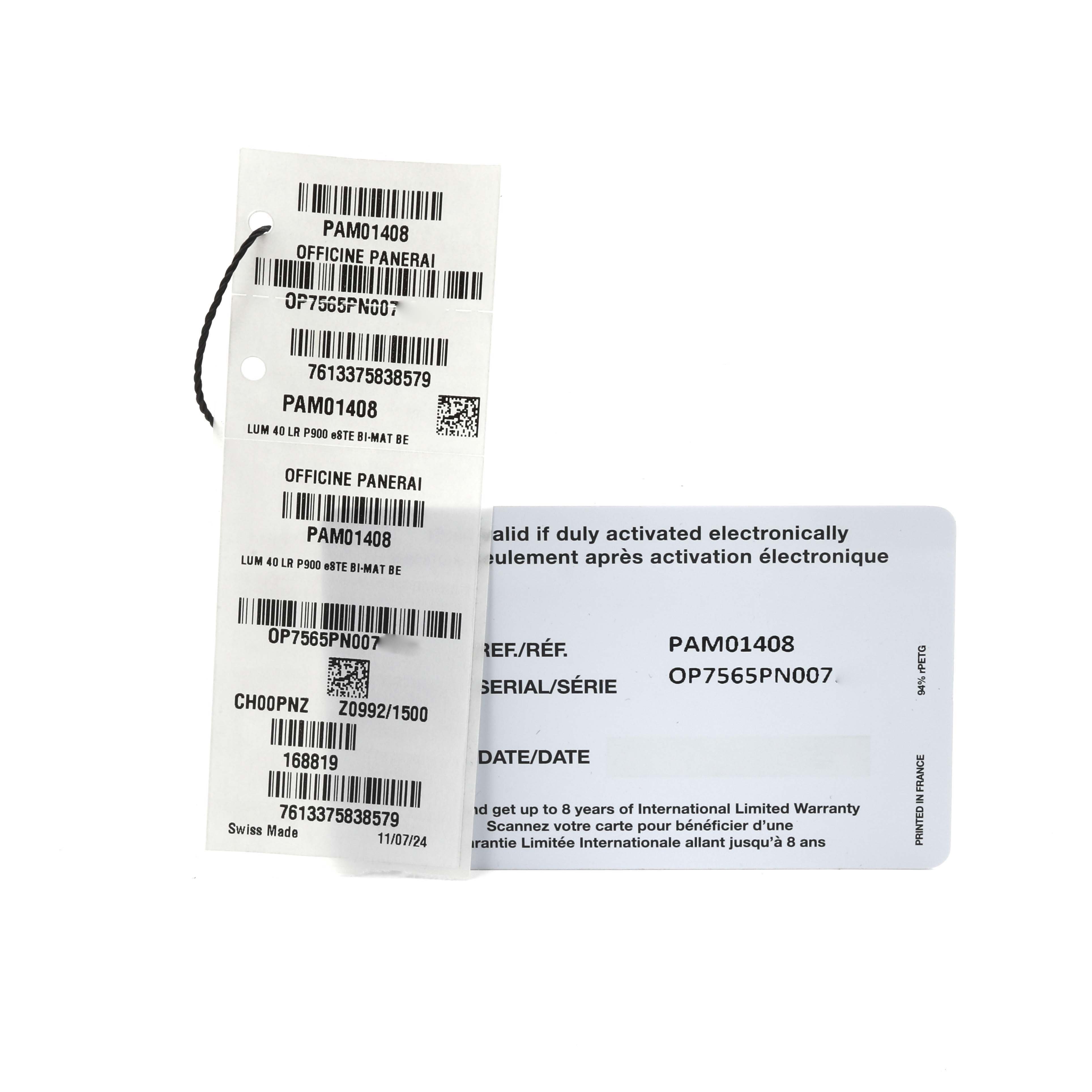 The image shows hang tags and warranty cards for the Panerai Luminor PAM01408 Men
s Stainless Steel Blue Dial PAM01408 Men
s Stainless Steel Blue Dial watch, model PAM01408.