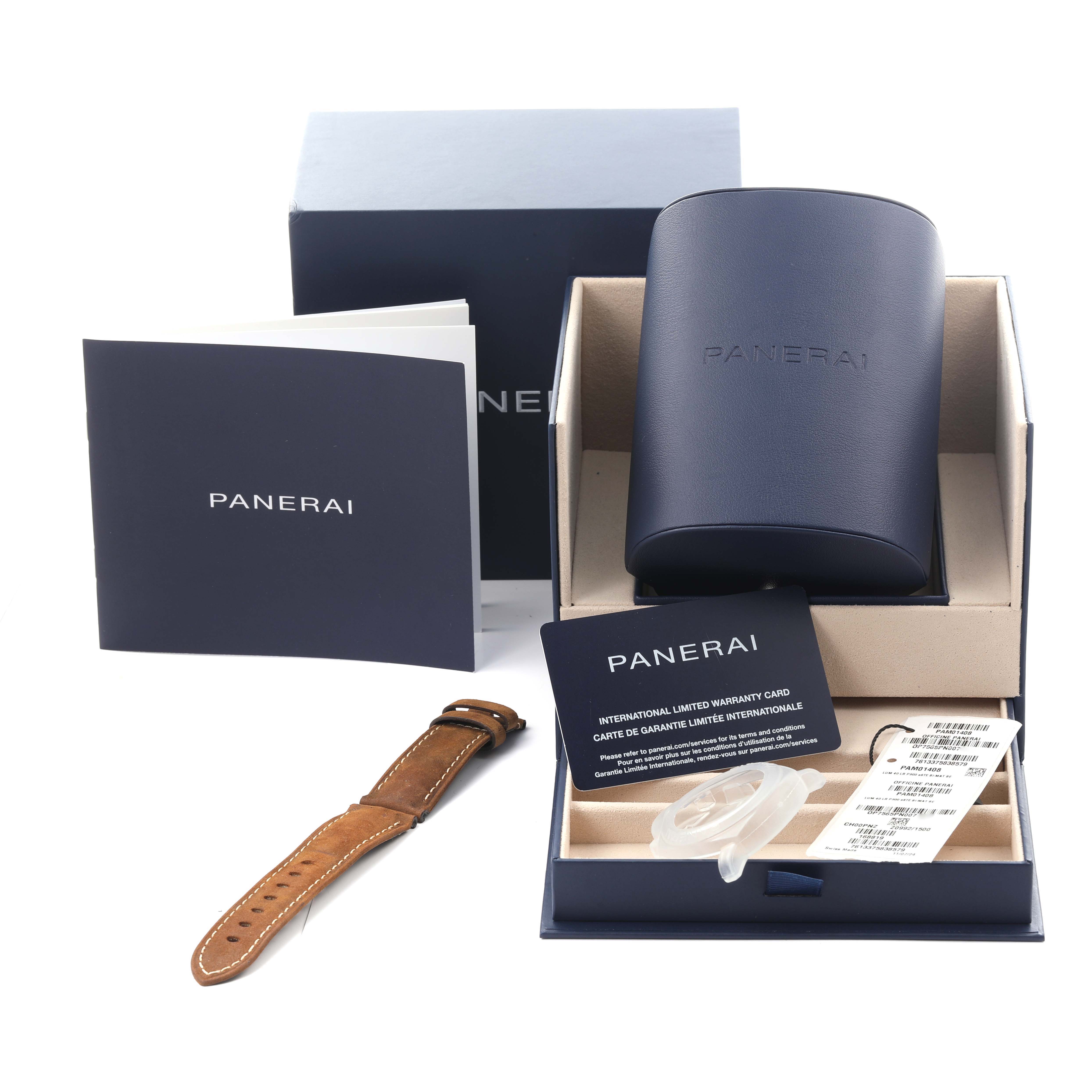 The image shows a Panerai Luminor PAM01408 Men
s Stainless Steel Blue Dial PAM01408 Men
s Stainless Steel Blue Dial set with a watch box, warranty card, manual, extra strap, and other accessories.