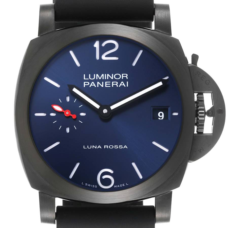 The image shows a frontal view of the Panerai Luminor, highlighting the dial and crown guard.