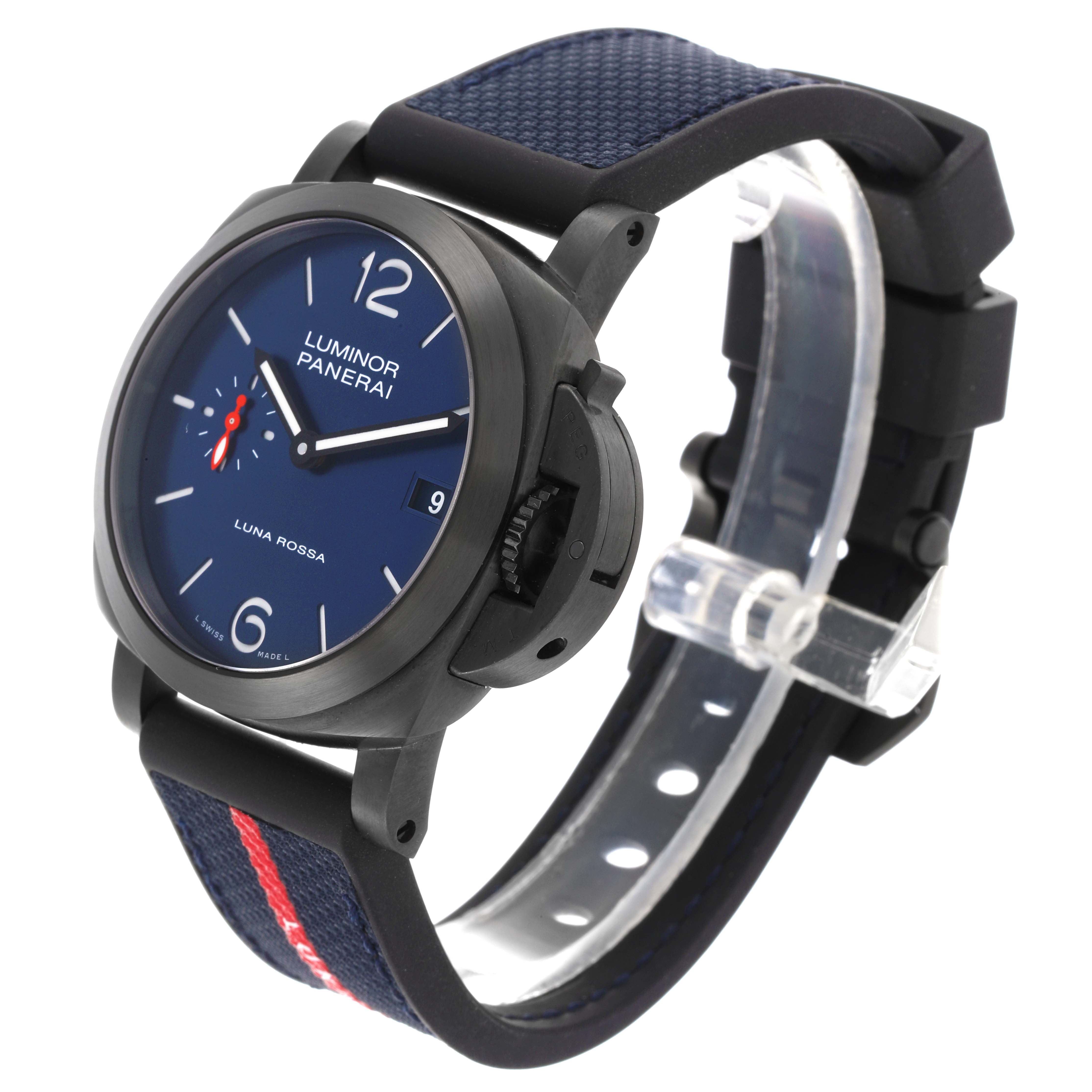 The Panerai Luminor PAM01408 Men
s Stainless Steel Blue Dial PAM01408 Men
s Stainless Steel Blue Dial watch is shown at a three-quarter angle, displaying the dial, case, and strap.