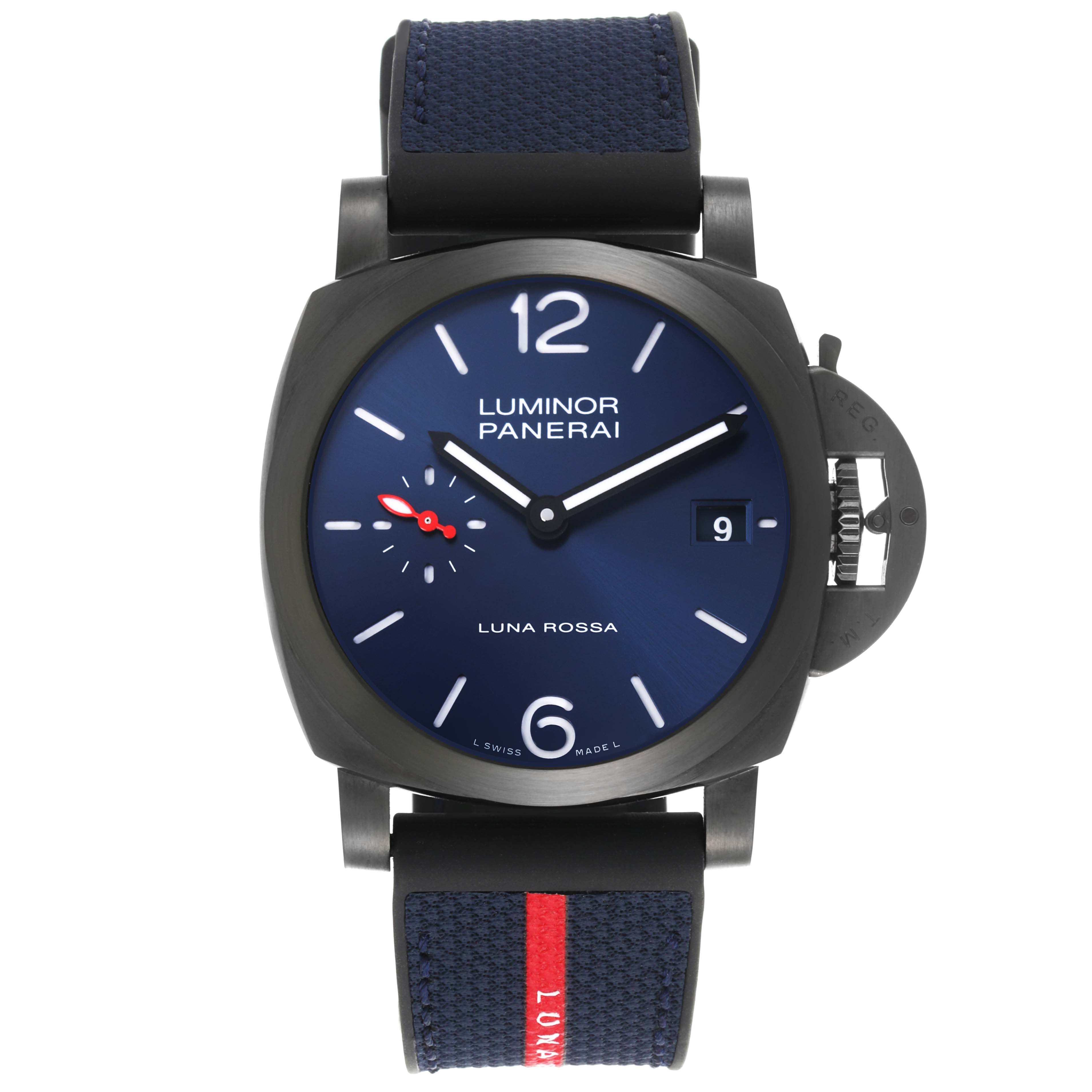 The Panerai Luminor PAM01408 Men
s Stainless Steel Blue Dial PAM01408 Men
s Stainless Steel Blue Dial watch is shown from a front angle, displaying the dial, strap, and crown guard.