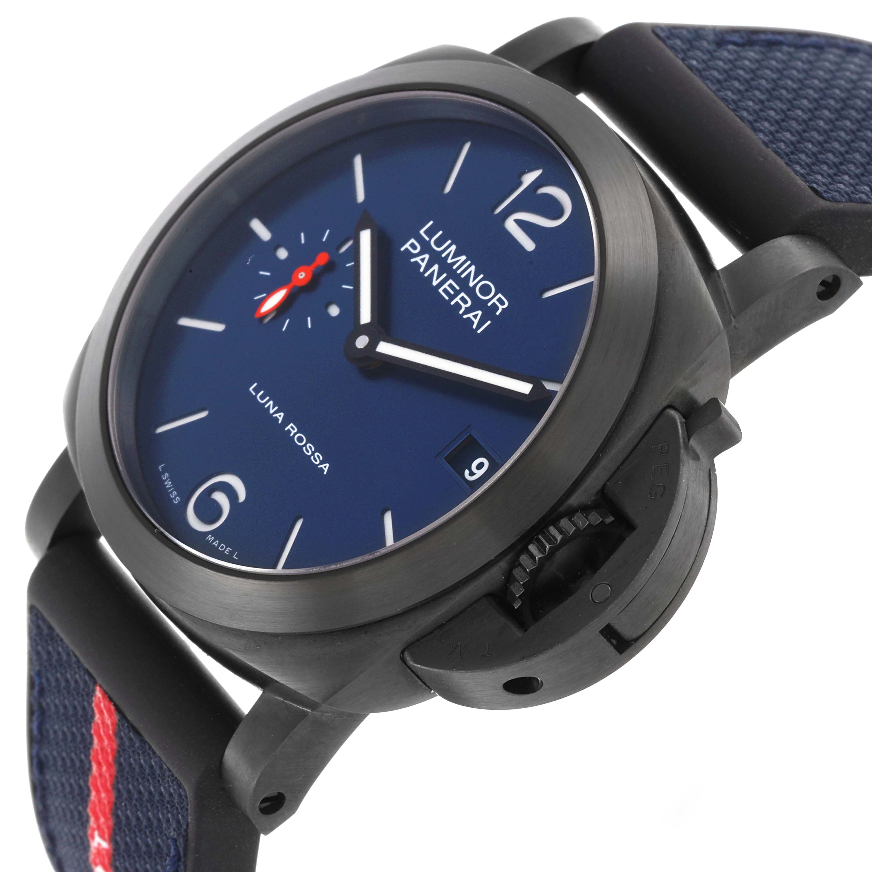 The image shows a Panerai Luminor PAM01408 Men
s Stainless Steel Blue Dial PAM01408 Men
s Stainless Steel Blue Dial watch at a slight side angle, highlighting the dial, crown guard, and strap.