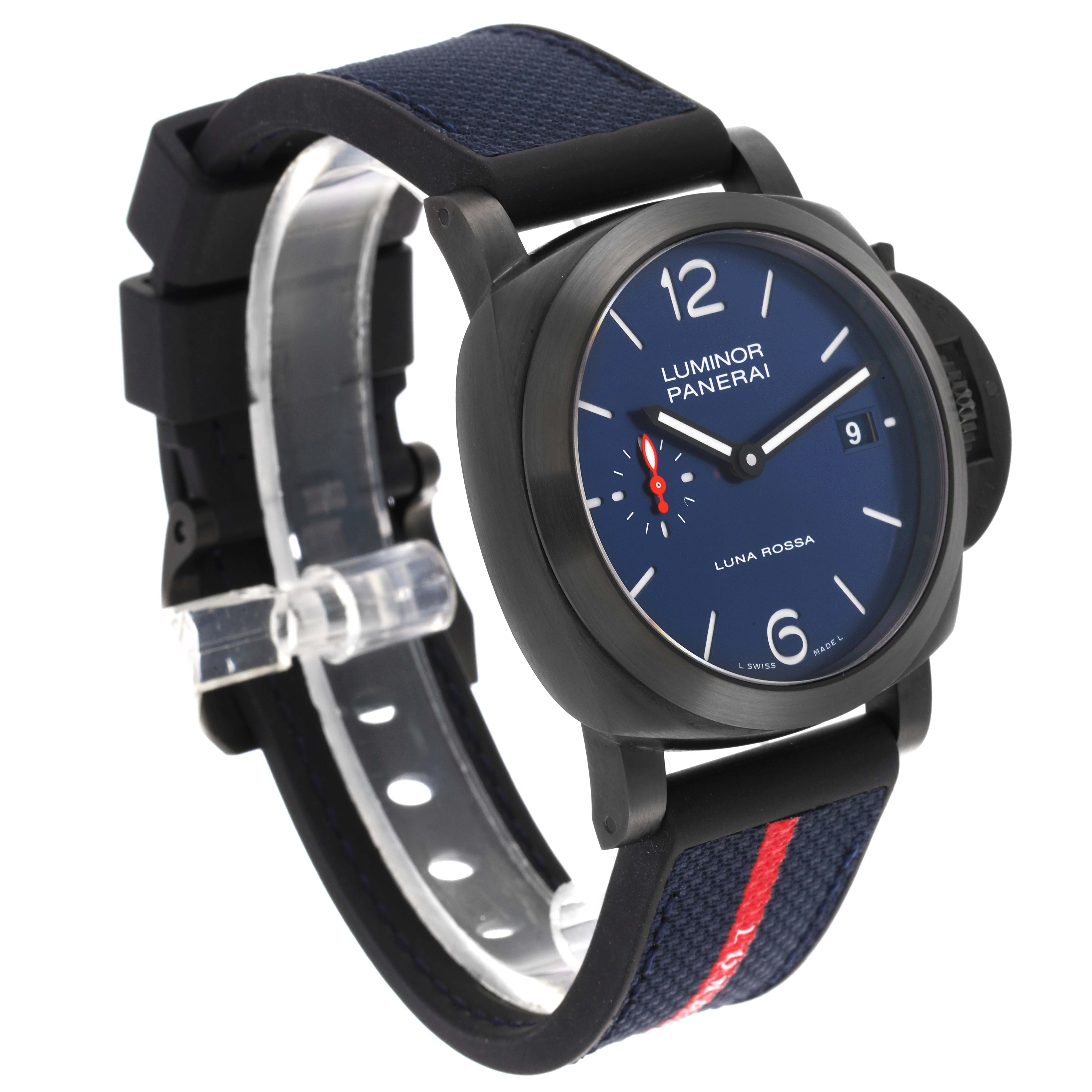 The Panerai Luminor PAM01408 Men
s Stainless Steel Blue Dial PAM01408 Men
s Stainless Steel Blue Dial watch is shown at a three-quarter angle with its face, strap, and crown guard visible.