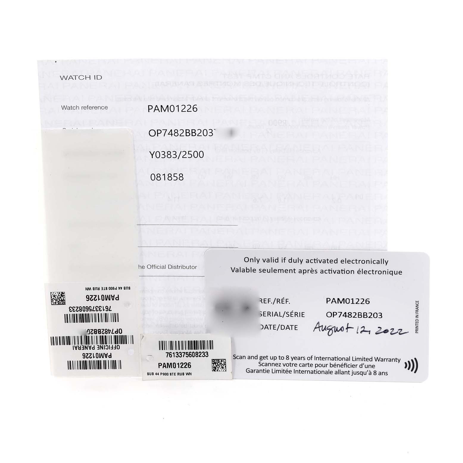 The image shows the warranty cards and documentation for a Panerai Submersible PAM01226 Men
s Stainless Steel White Dial PAM01226 Men
s Stainless Steel White Dial model PAM01226.