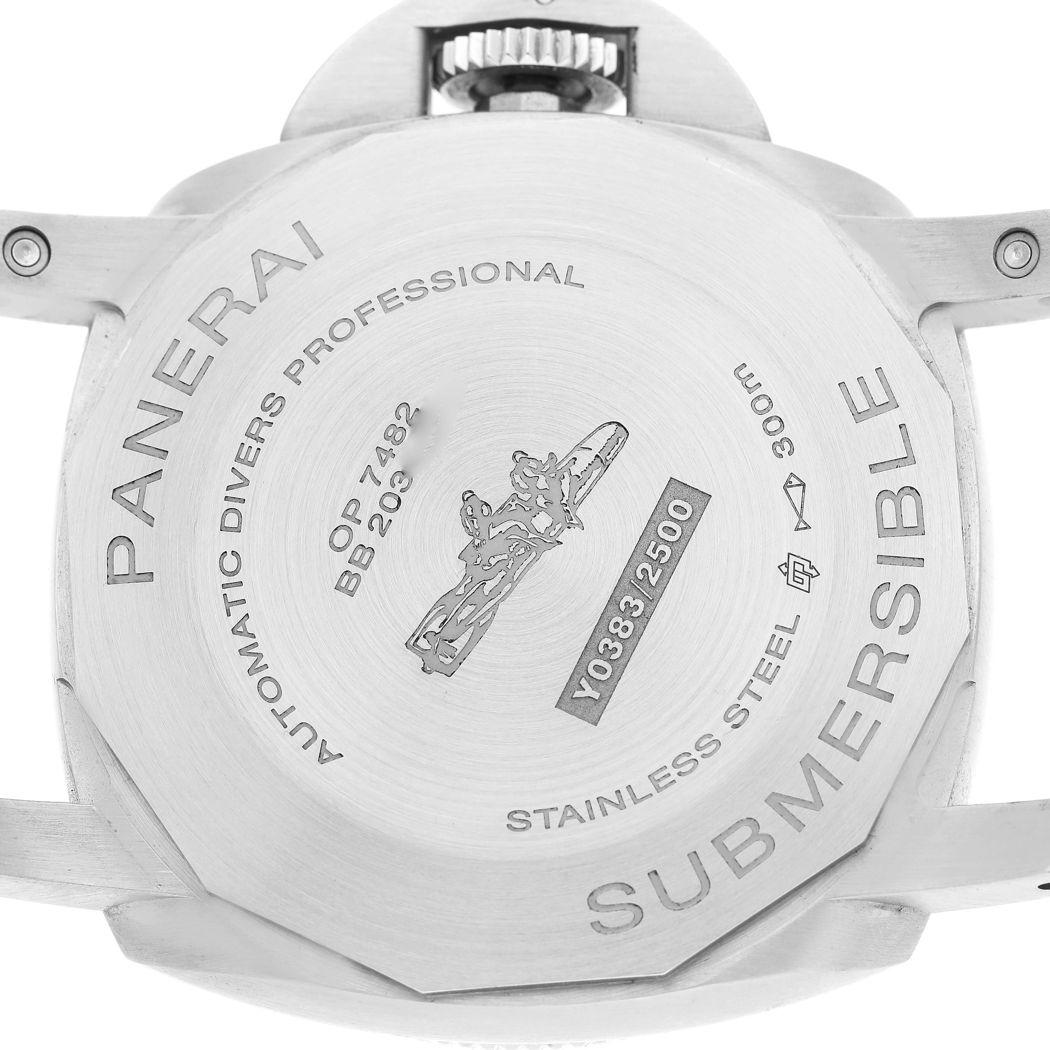 The image shows the case back of the Panerai Submersible PAM01226 Men
s Stainless Steel White Dial PAM01226 Men
s Stainless Steel White Dial watch, highlighting engravings and identifying marks.