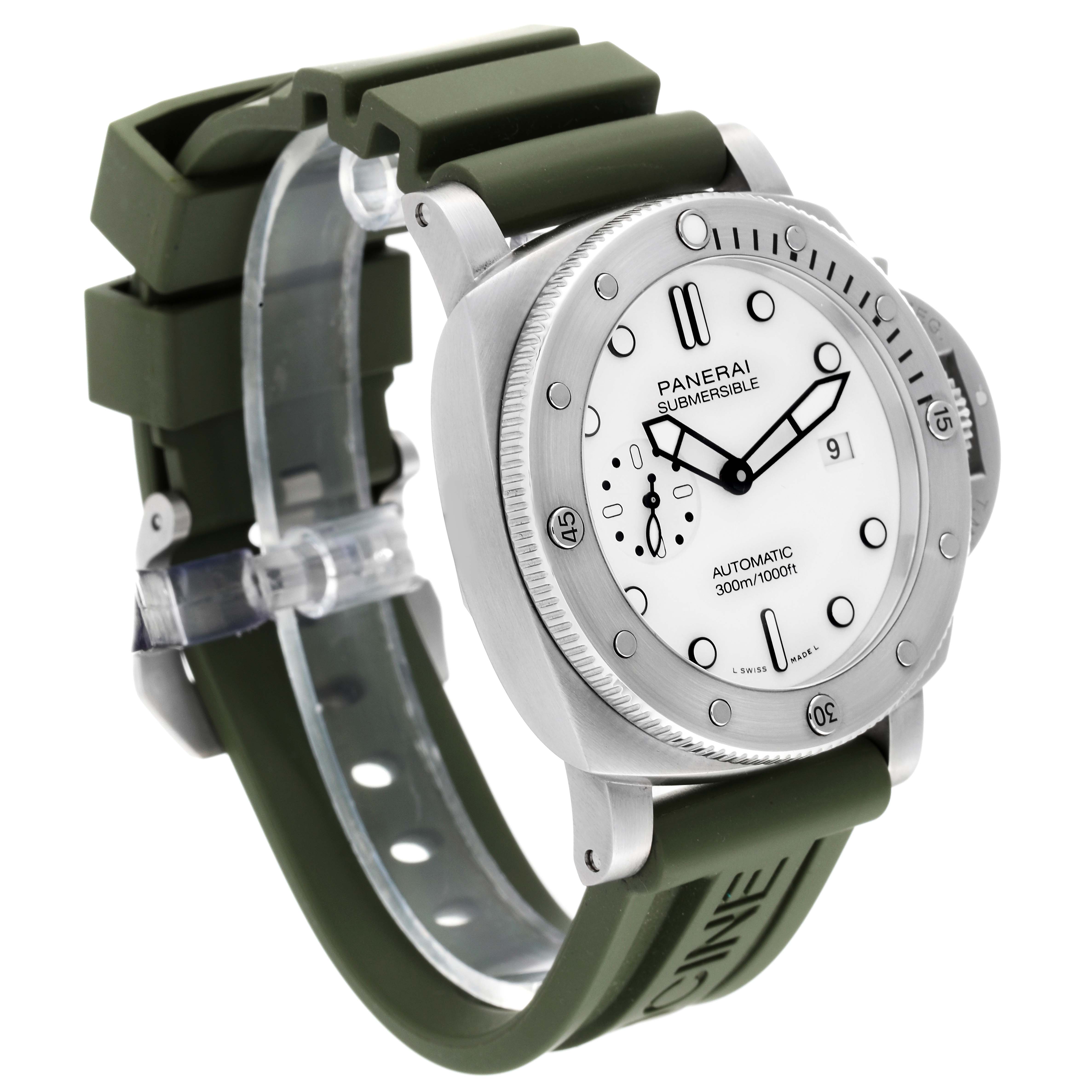 This image of a Panerai Submersible PAM01226 Men
s Stainless Steel White Dial PAM01226 Men
s Stainless Steel White Dial watch shows a front-left angle highlighting its white dial, bezel, and green rubber strap.