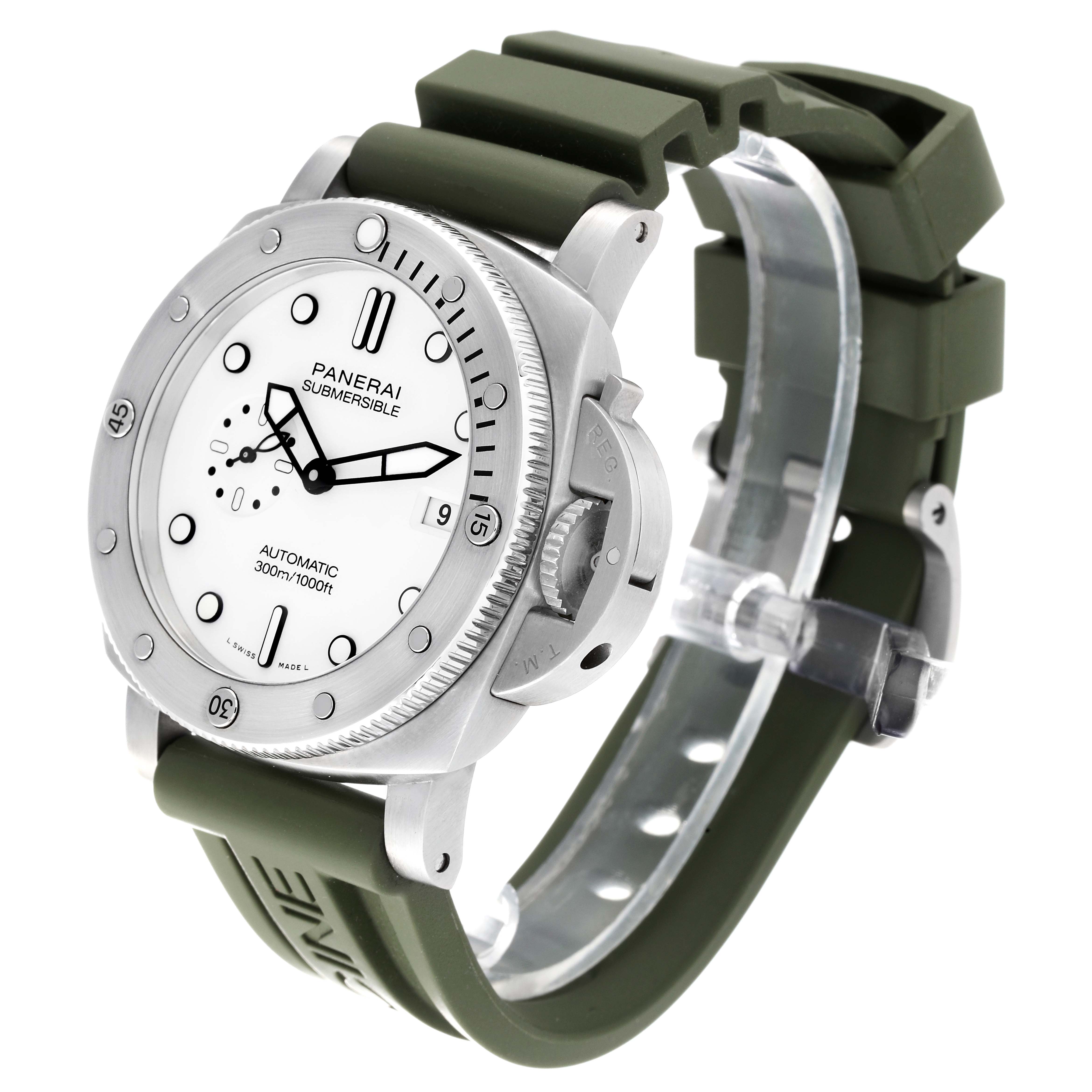 The image shows a Panerai Submersible PAM01226 Men
s Stainless Steel White Dial PAM01226 Men
s Stainless Steel White Dial watch at a three-quarter front angle with a green rubber strap.