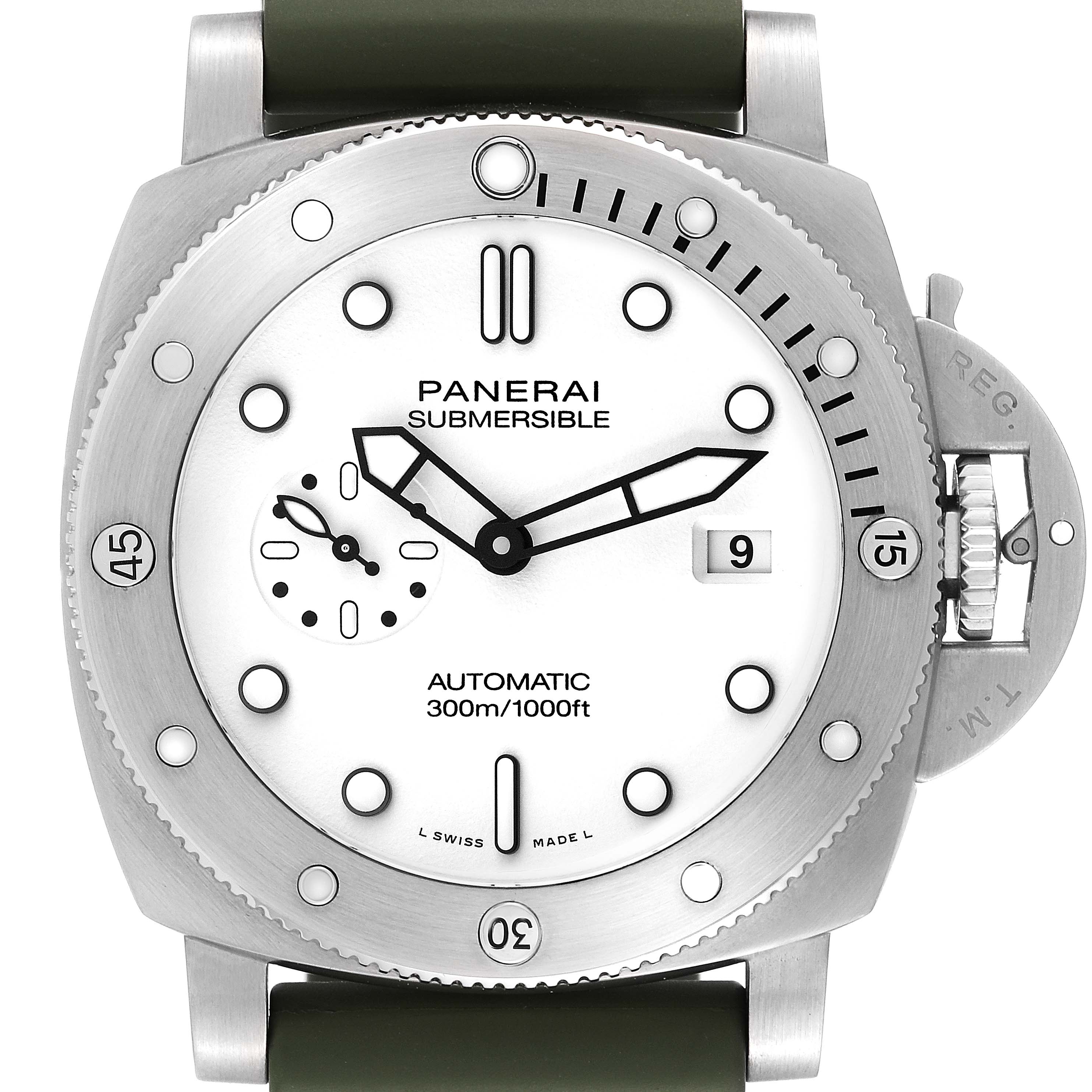 The image shows a front view of the Panerai Submersible PAM01226 Men
s Stainless Steel White Dial PAM01226 Men
s Stainless Steel White Dial watch, focusing on the dial, bezel, and crown guard.