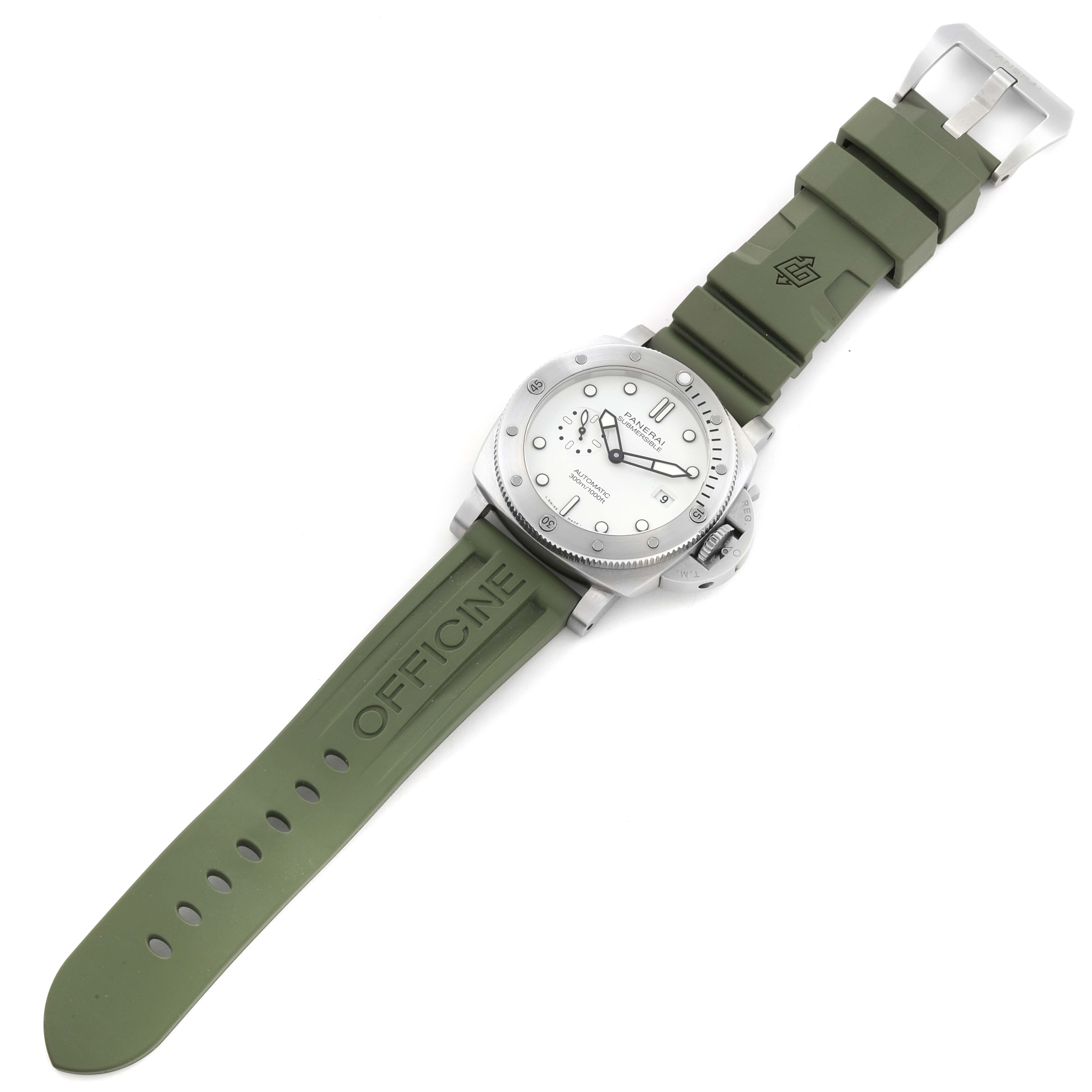 This Panerai Submersible PAM01226 Men
s Stainless Steel White Dial PAM01226 Men
s Stainless Steel White Dial watch is shown at a slight angle, displaying the olive green rubber strap and silver-toned dial.
