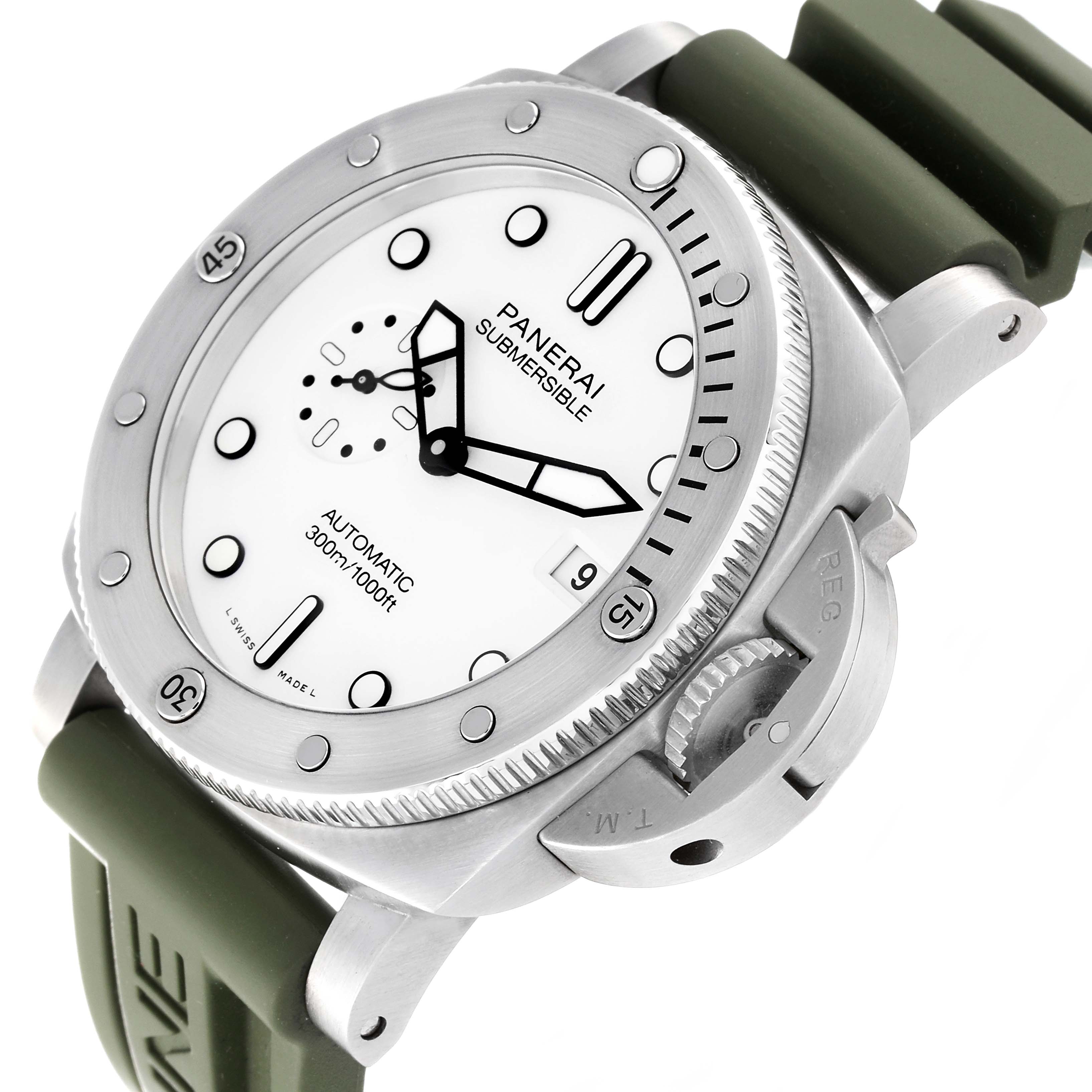 The Panerai Submersible PAM01226 Men
s Stainless Steel White Dial PAM01226 Men
s Stainless Steel White Dial watch is shown at a slightly angled close-up, highlighting the dial, bezel, and crown guard.