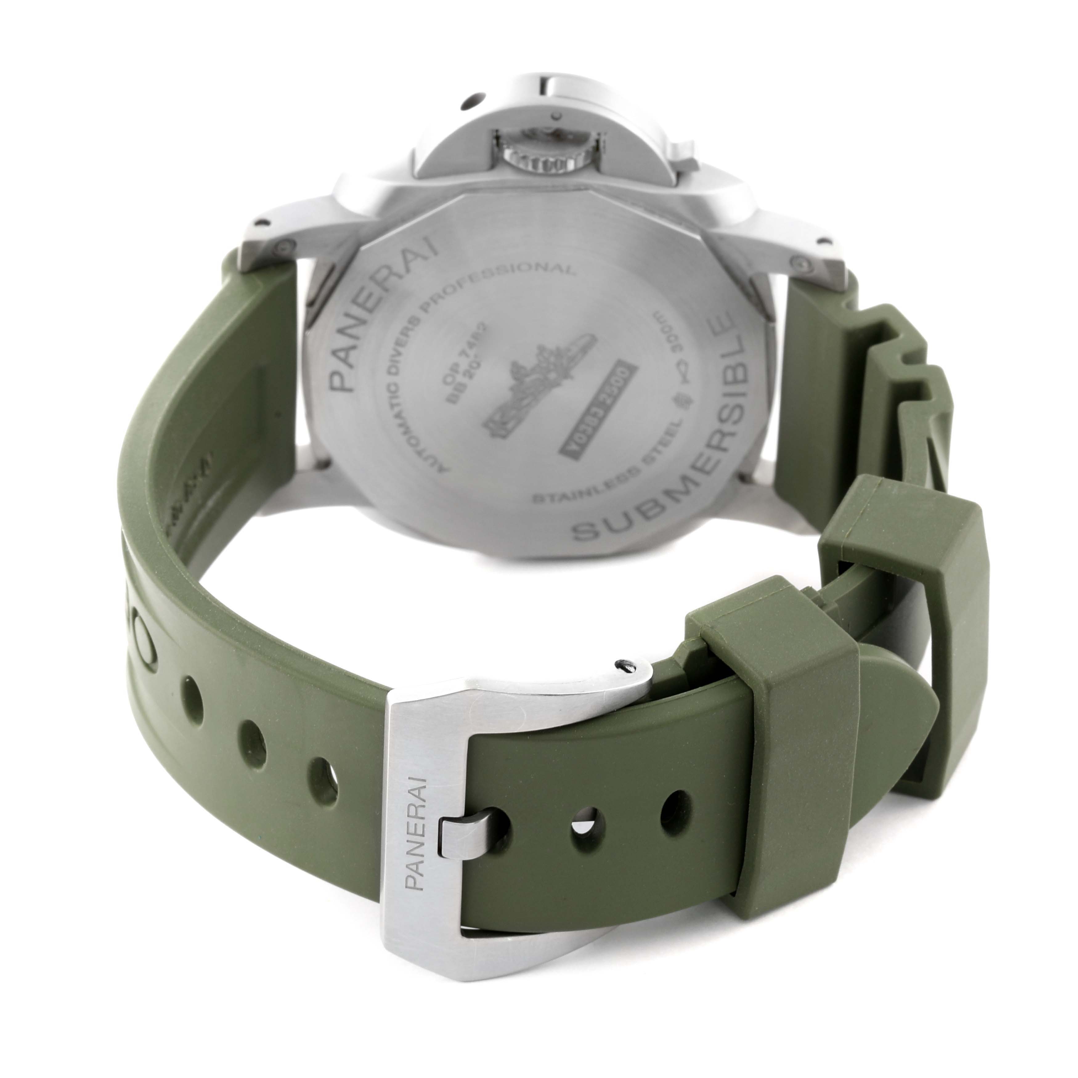 This image shows the back case and green strap of a Panerai Submersible PAM01226 Men
s Stainless Steel White Dial PAM01226 Men
s Stainless Steel White Dial watch at an angle highlighting the clasp and engravings.