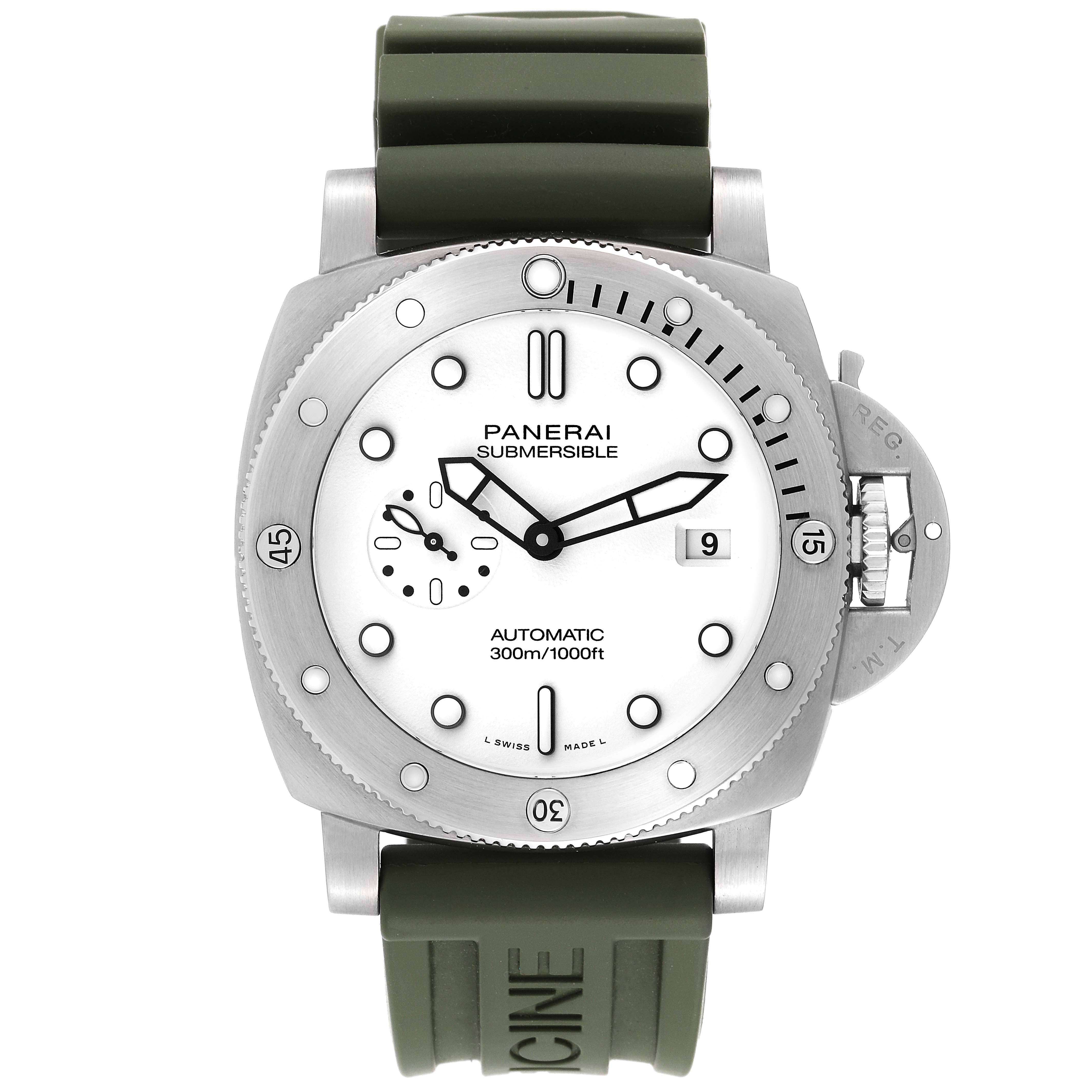 The image shows a Panerai Submersible PAM01226 Men
s Stainless Steel White Dial PAM01226 Men
s Stainless Steel White Dial watch, front view, highlighting the bezel, dial, hands, date window, and olive green strap.