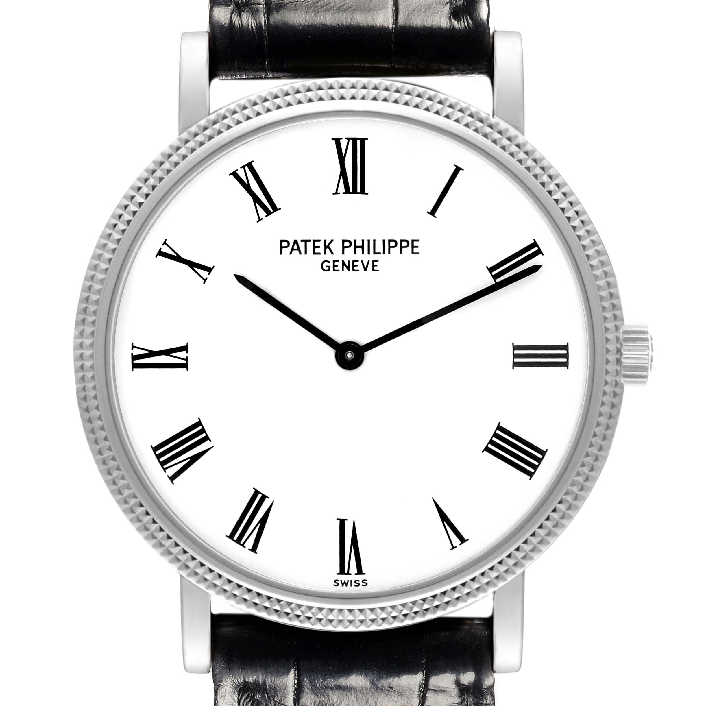 The Patek Philippe Calatrava 5120G Men's White Gold White Dial 5120G Men's White Gold White Dial watch is shown from a front angle, highlighting the dial, bezel, and crown with a leather strap.