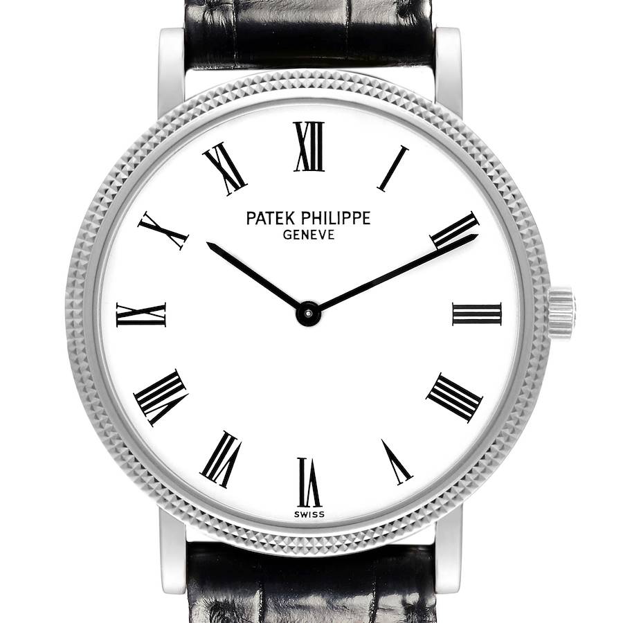 The Patek Philippe Calatrava watch is shown from a front angle, highlighting the dial, bezel, and crown with a leather strap.