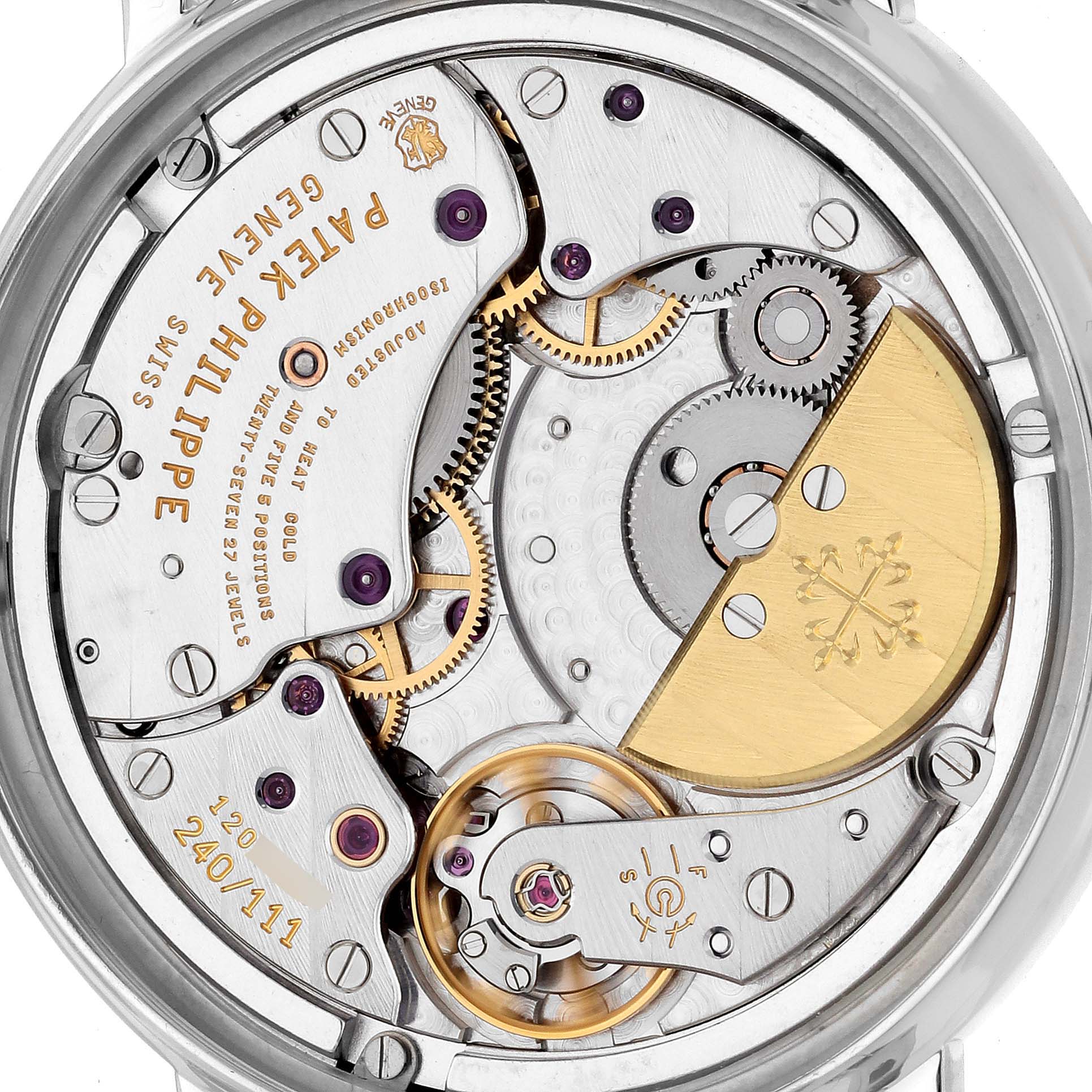 The image shows the movement and internal mechanics of the Patek Philippe Calatrava 5120G Men's White Gold White Dial 5120G Men's White Gold White Dial watch from a rear angle.