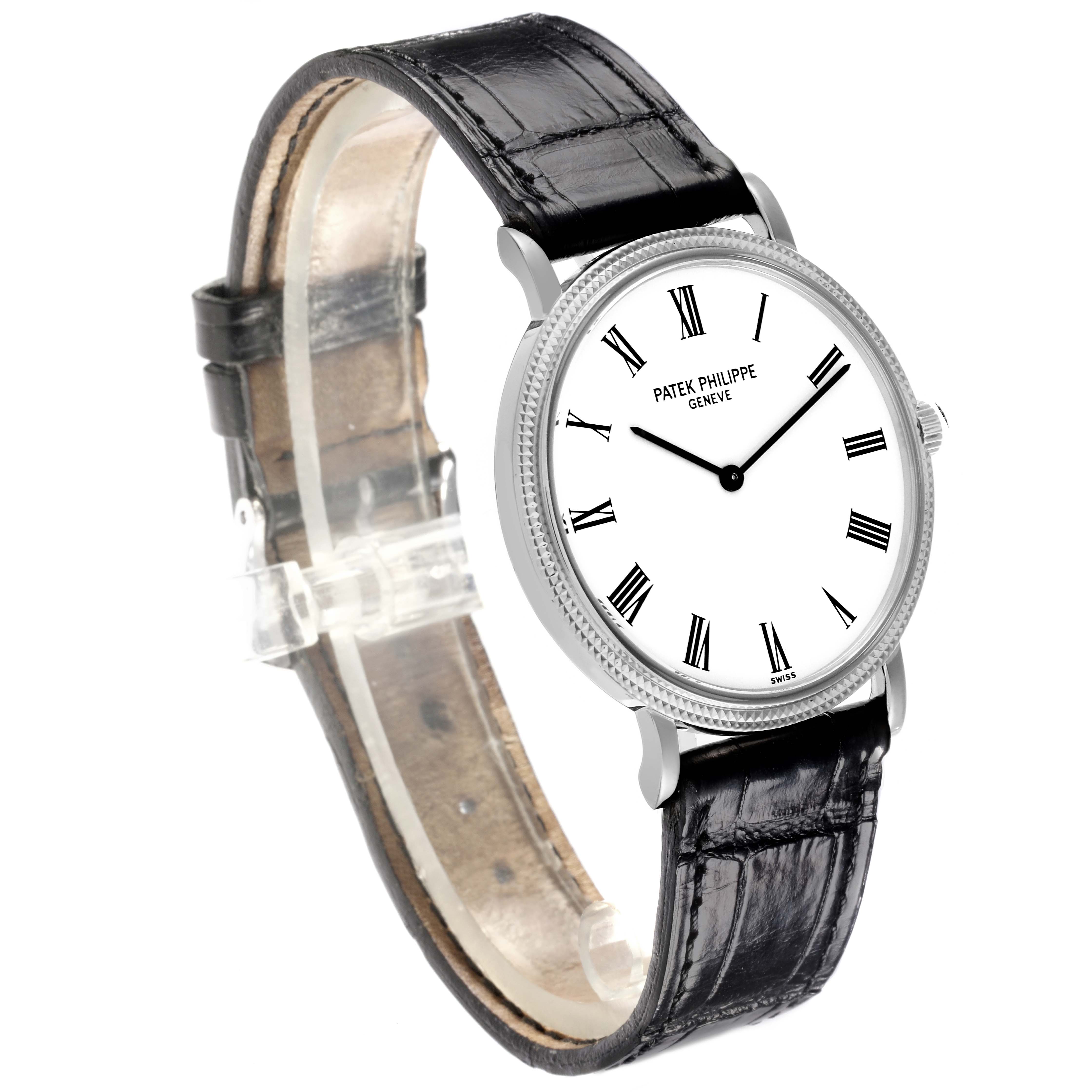 The Patek Philippe Calatrava 5120G Men's White Gold White Dial 5120G Men's White Gold White Dial watch is shown from a side angle, highlighting its face, bezel, and leather strap.