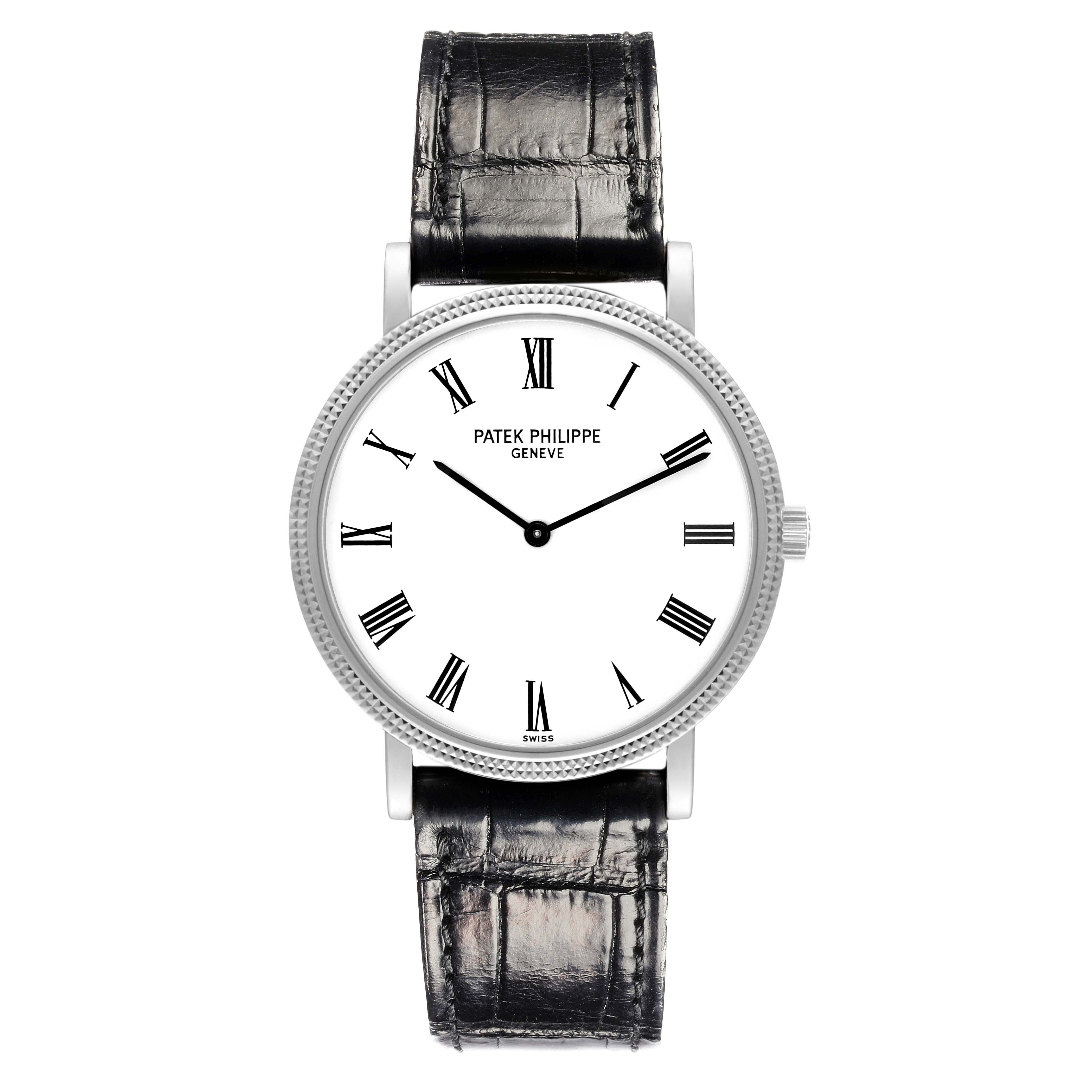 The Patek Philippe Calatrava 5120G Men's White Gold White Dial 5120G Men's White Gold White Dial watch is shown from a front angle, displaying the dial, bezel, crown, and leather strap.