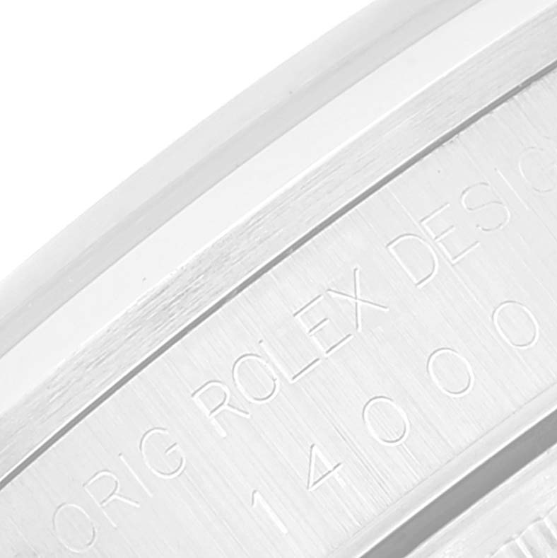 This image shows a close-up of the side of the watch case of a Rolex Air-King 14000 Men's Stainless Steel Silver Dial 14000 Men's Stainless Steel Silver Dial, focusing on the model engraving.