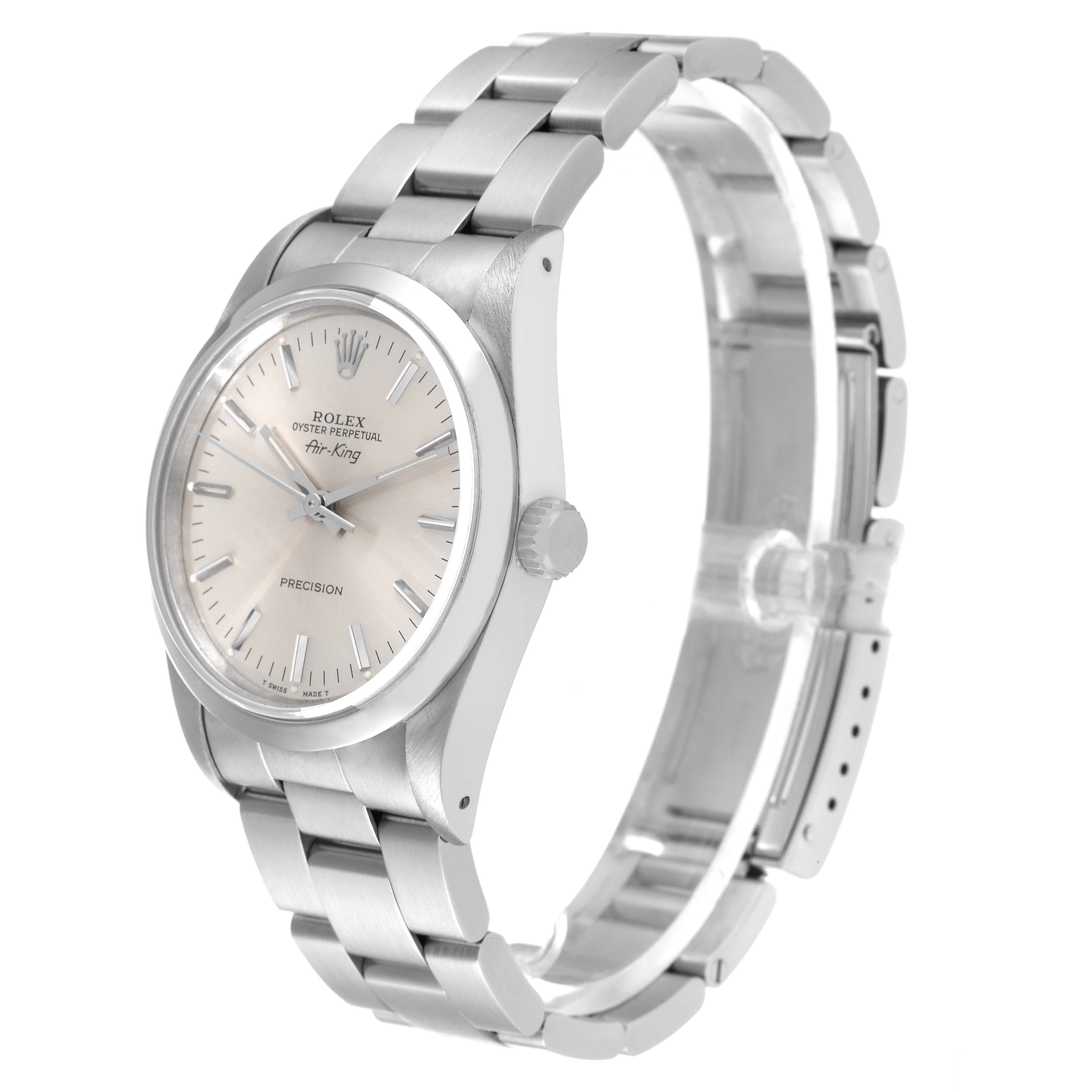 The image shows a side angle of the Rolex Air-King 14000 Men's Stainless Steel Silver Dial 14000 Men's Stainless Steel Silver Dial watch, focusing on its face, bezel, crown, and bracelet.