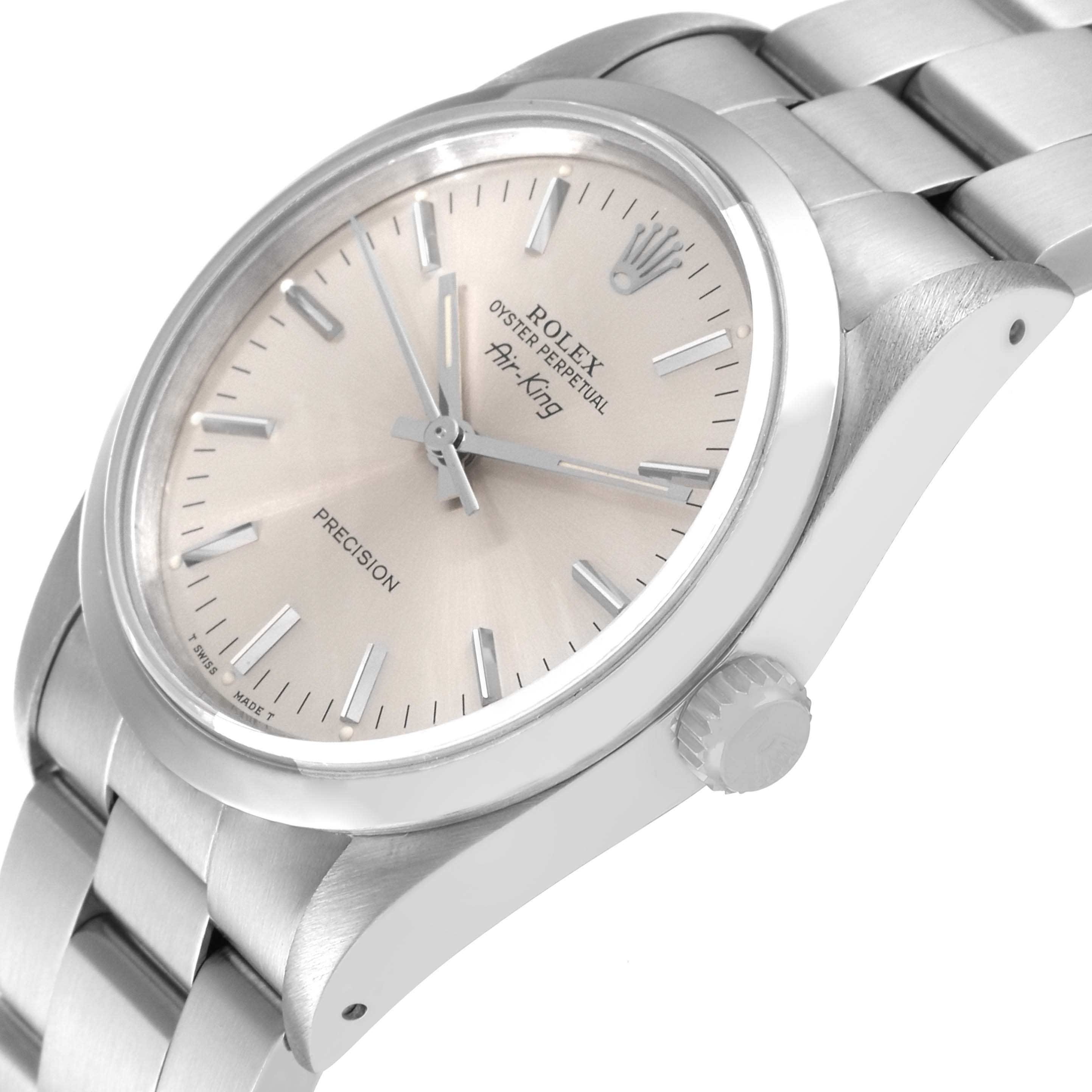 The image shows a side view of a Rolex Air-King 14000 Men's Stainless Steel Silver Dial 14000 Men's Stainless Steel Silver Dial watch, highlighting the dial, crown, and stainless steel bracelet.