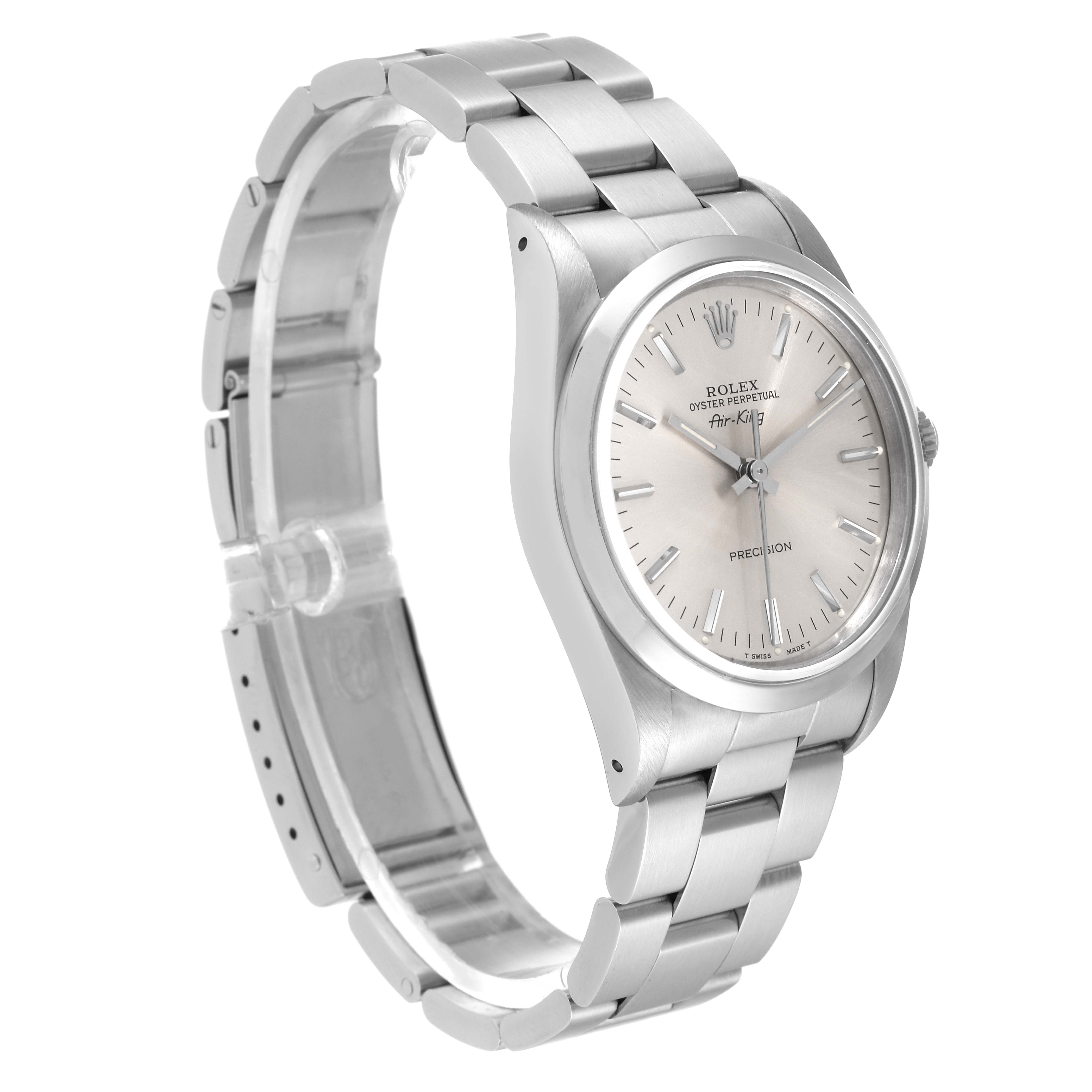 This image shows a Rolex Air-King 14000 Men's Stainless Steel Silver Dial 14000 Men's Stainless Steel Silver Dial watch at an angle, showcasing the dial, case, and bracelet.