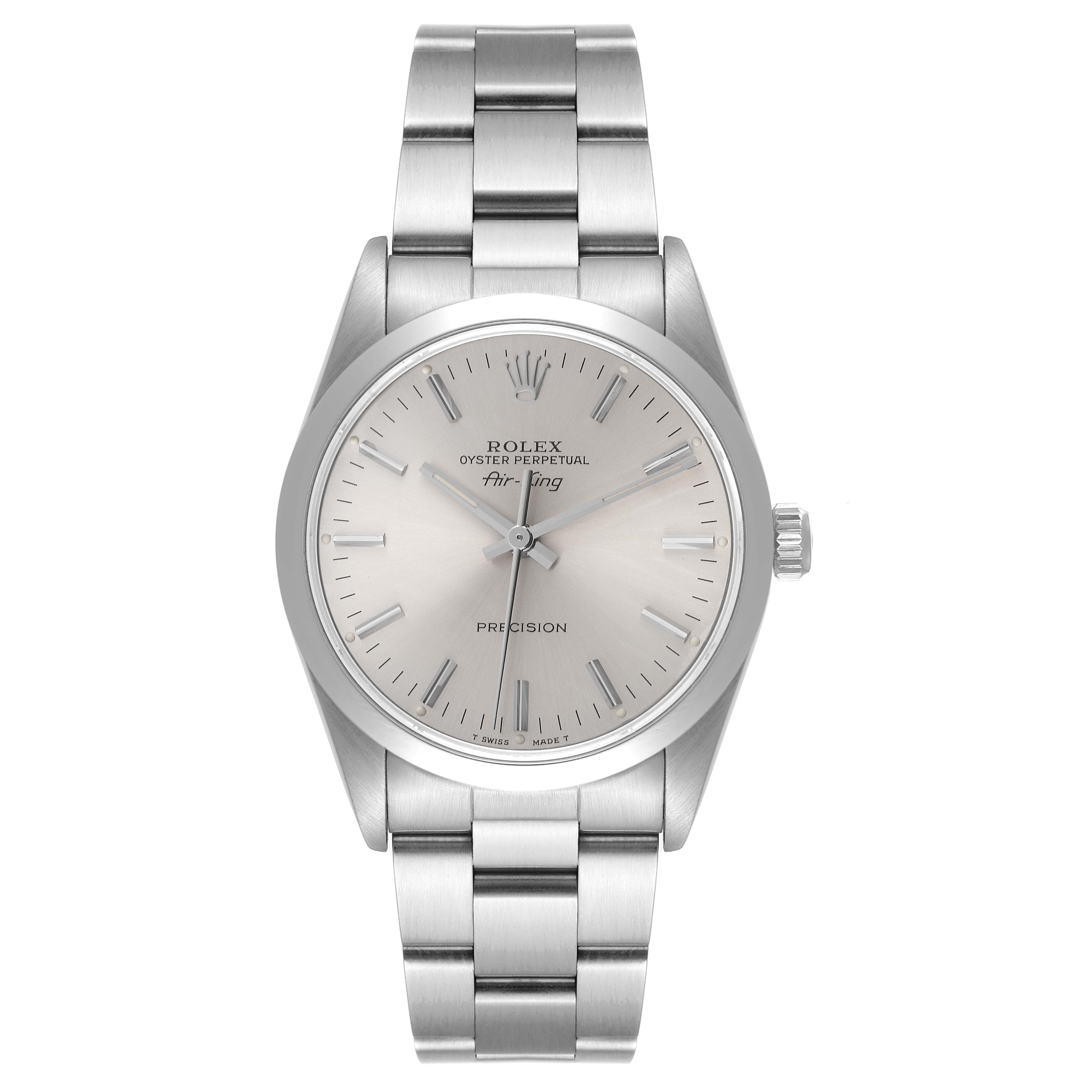 The image shows a front view of a Rolex Air-King 14000 Men's Stainless Steel Silver Dial 14000 Men's Stainless Steel Silver Dial watch, displaying the face, bezel, and bracelet.