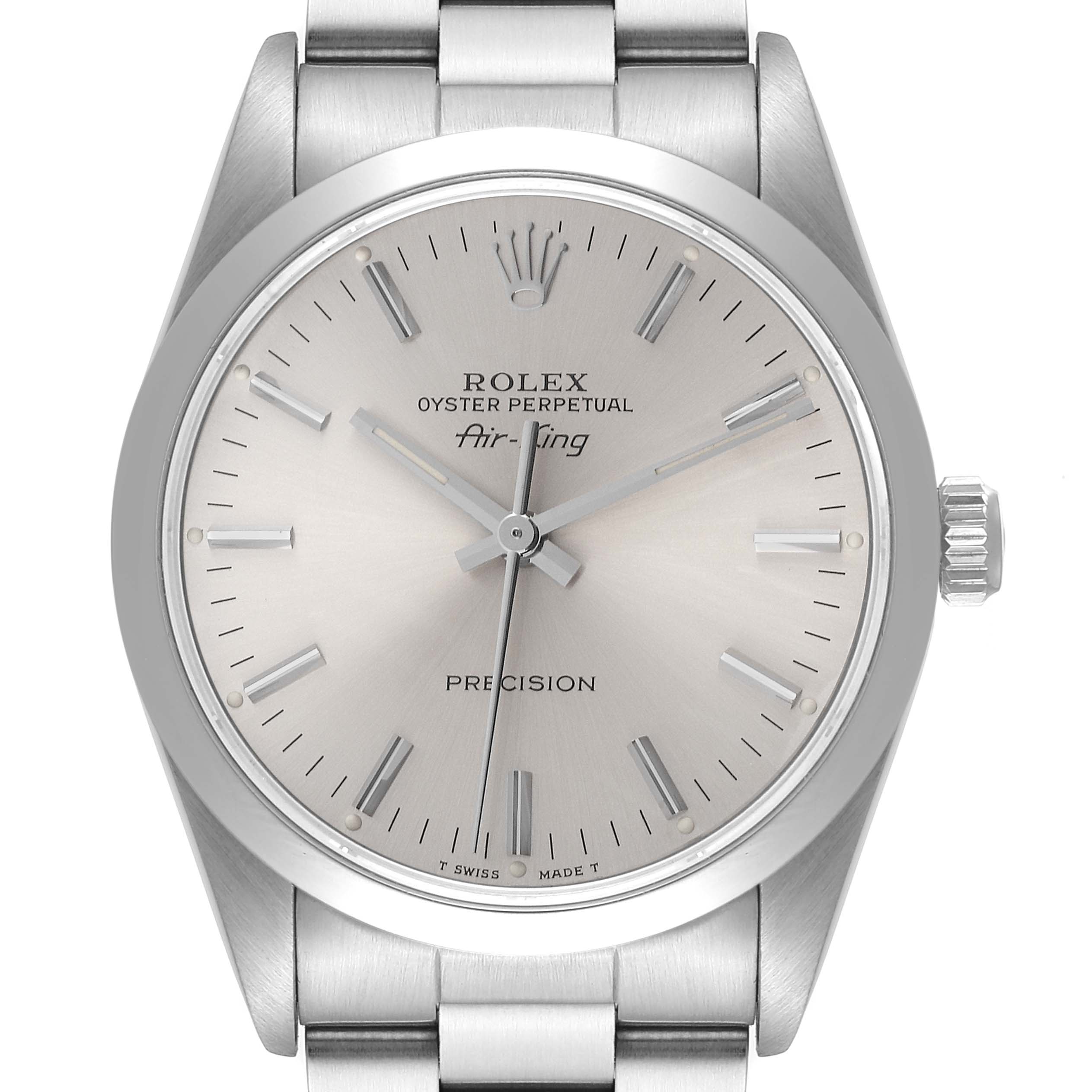 This image shows a top-down view of a Rolex Air-King 14000 Men's Stainless Steel Silver Dial 14000 Men's Stainless Steel Silver Dial watch, highlighting its face, bezel, and part of the bracelet band.